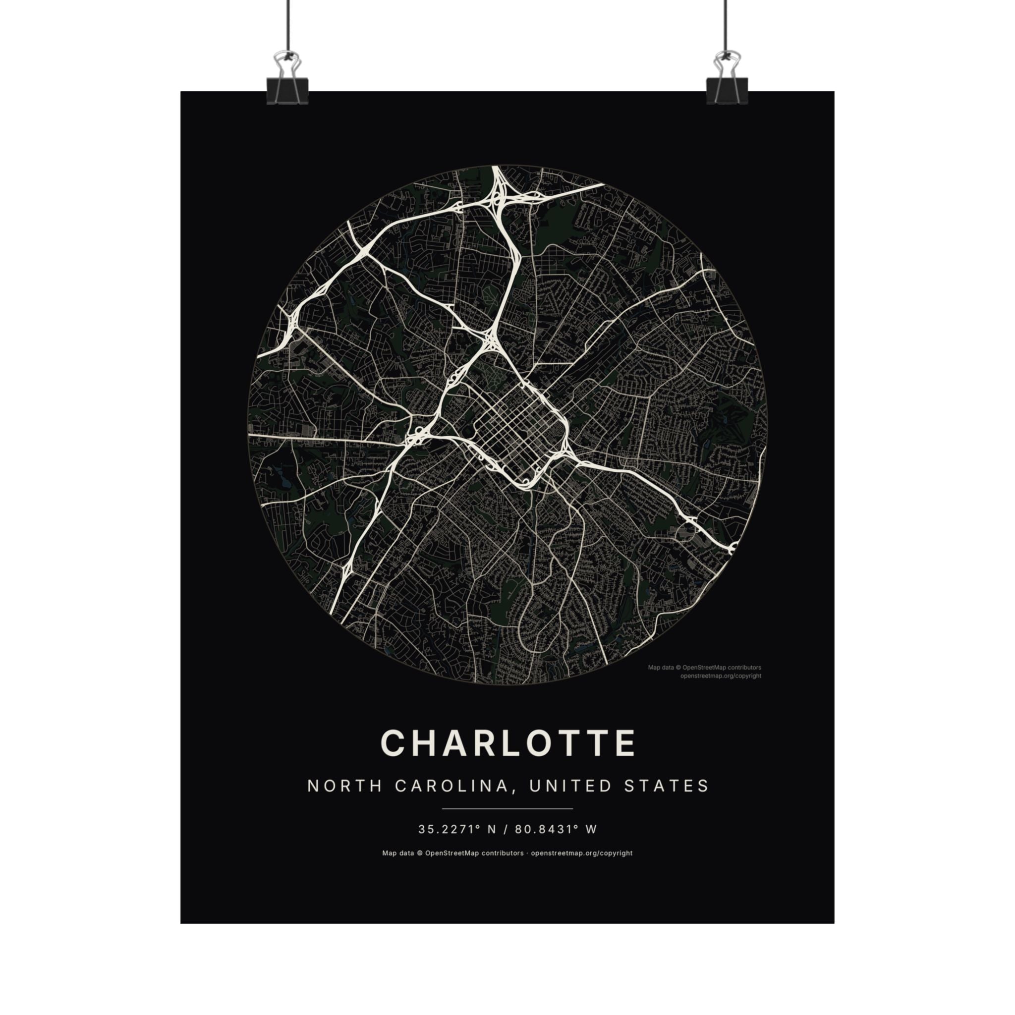 Charlotte, North Carolina City Map Print — Noir Black Street Map Wall Art