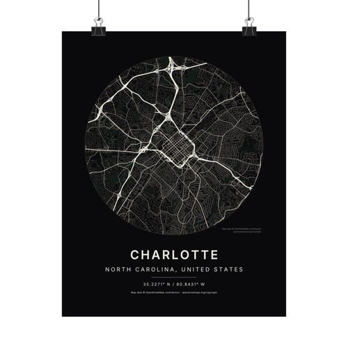 Charlotte, North Carolina City Map Print — Noir Black Street Map Wall Art