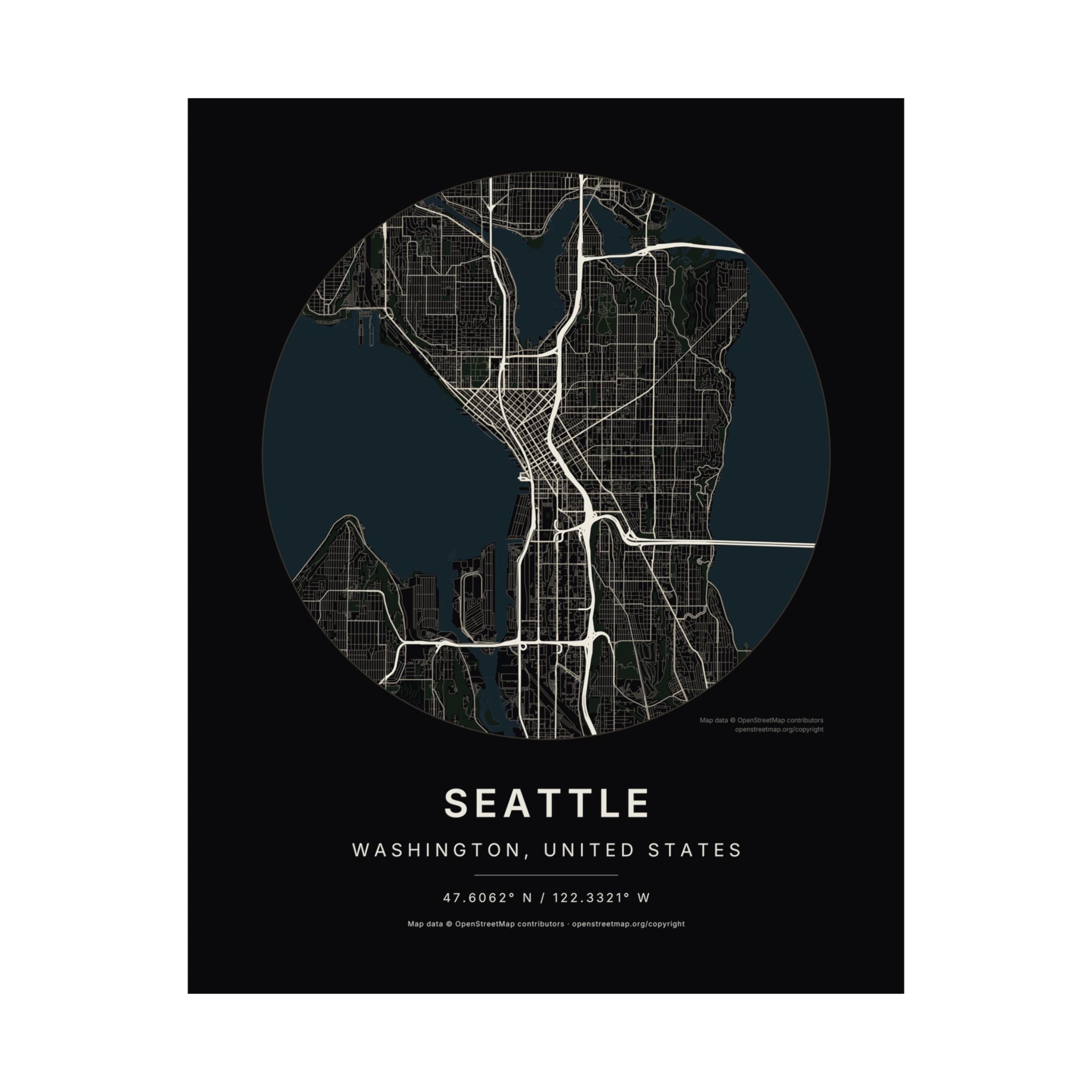 Seattle, Washington City Map Print — Noir Black Street Map Wall Art