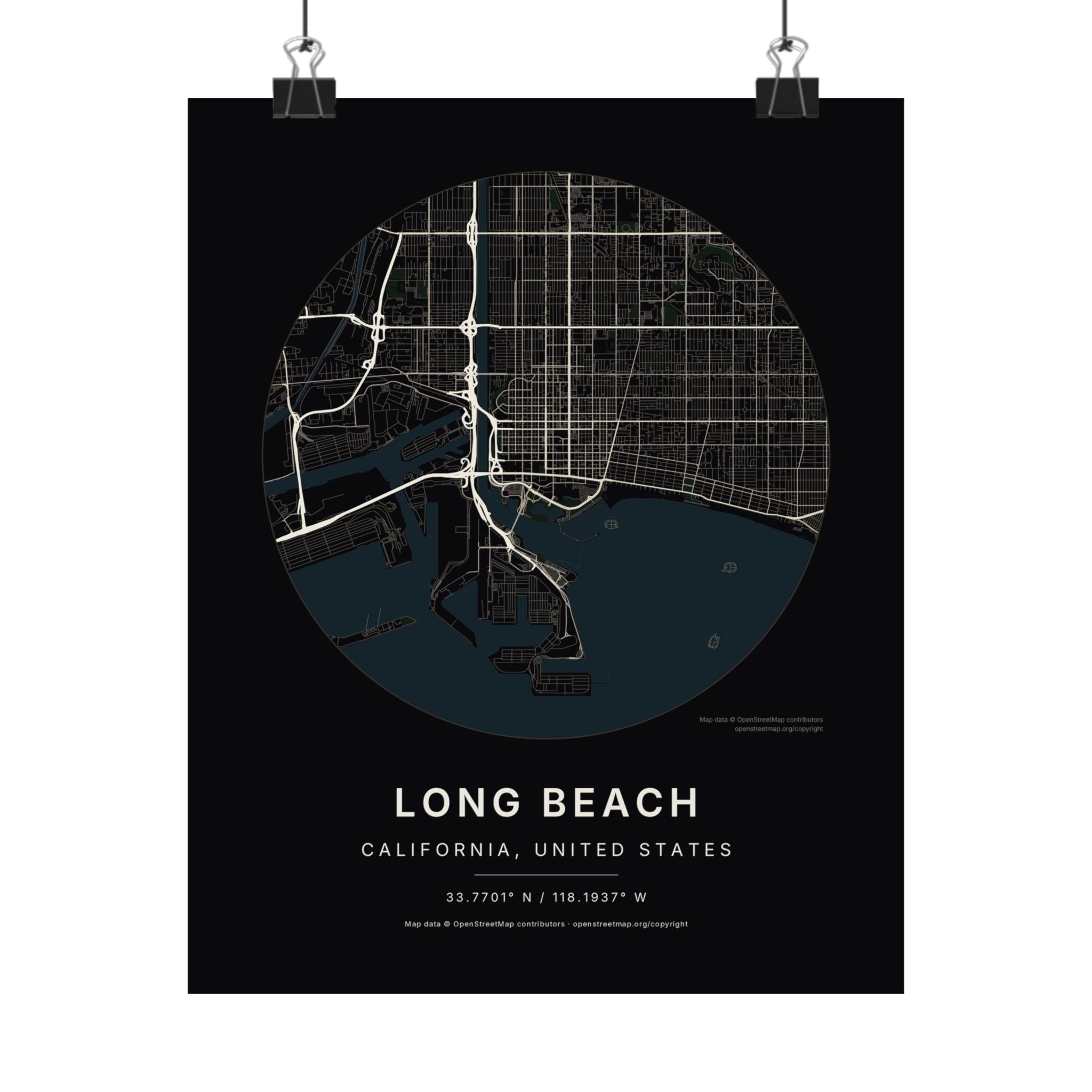 Long Beach, California City Map Print — Noir Black Street Map Wall Art
