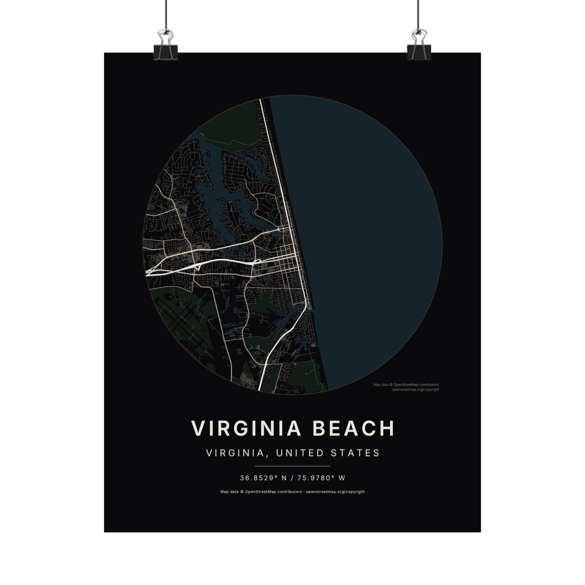 Virginia Beach, Virginia City Map Print — Noir Black Street Map Wall Art