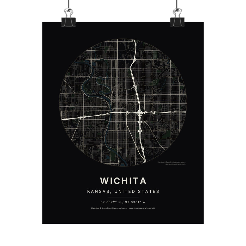 Wichita, Kansas City Map Print — Noir Black Street Map Wall Art