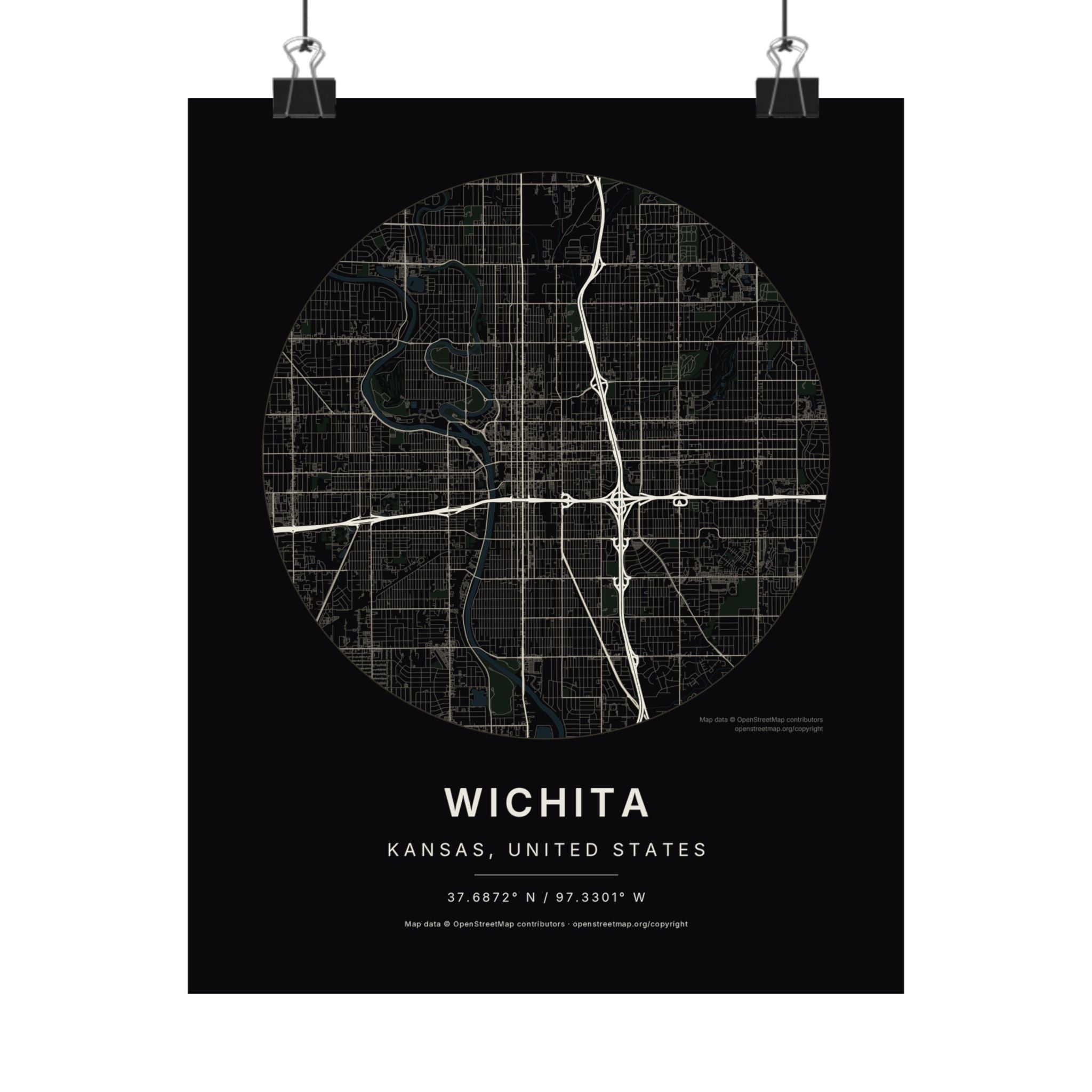 Wichita, Kansas City Map Print — Noir Black Street Map Wall Art