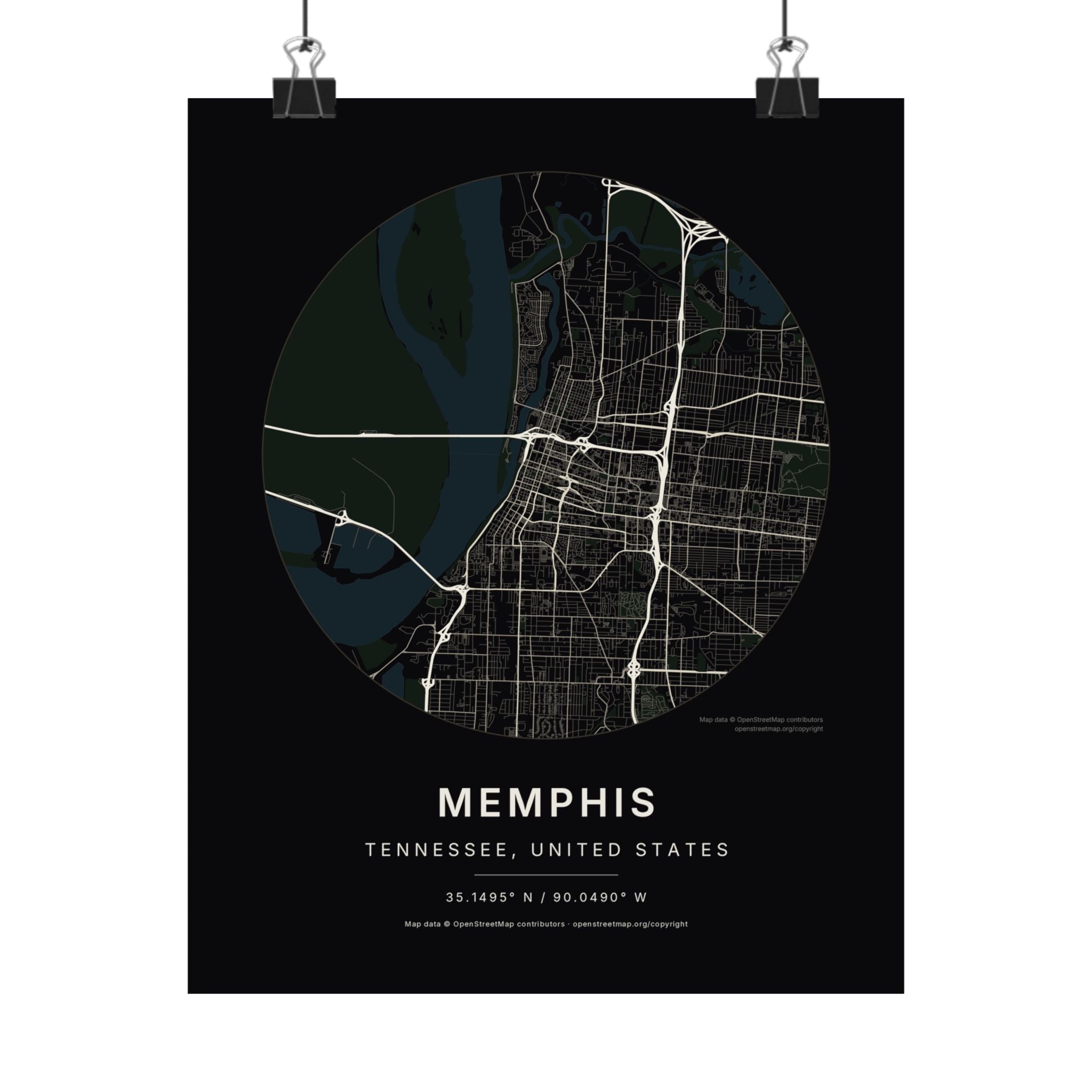 Memphis, Tennessee City Map Print — Noir Black Street Map Wall Art