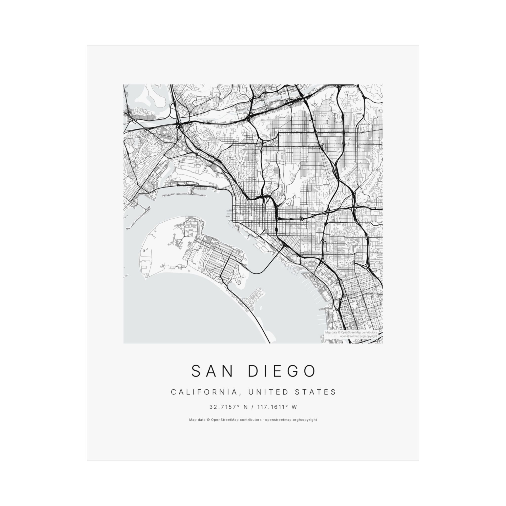 San Diego, California City Map Print — Minimalist Street Map Wall Art