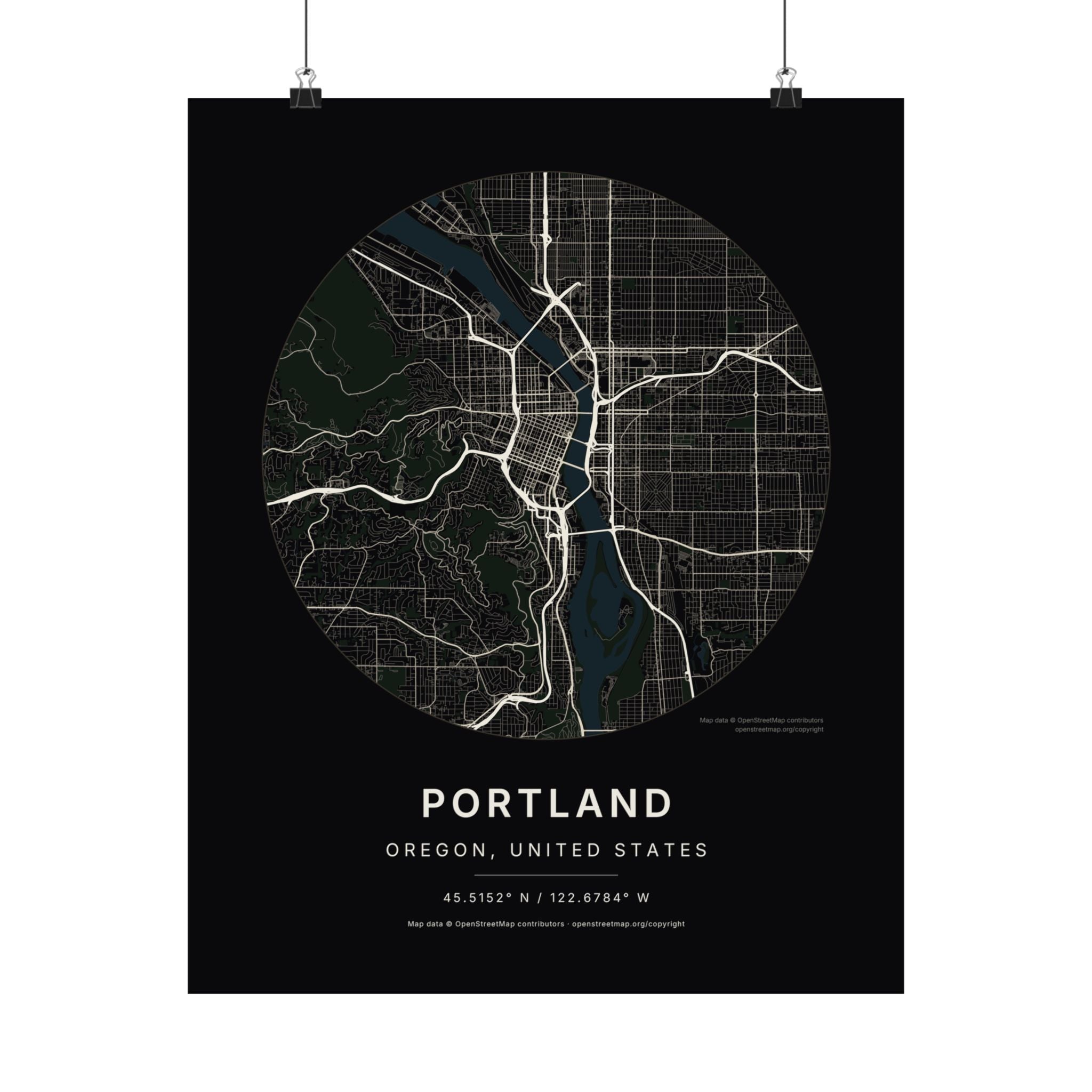 Portland, Oregon City Map Print — Noir Black Street Map Wall Art