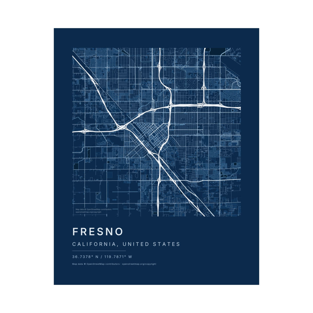 Fresno, California City Map Print — Blueprint Navy Street Map Wall Art