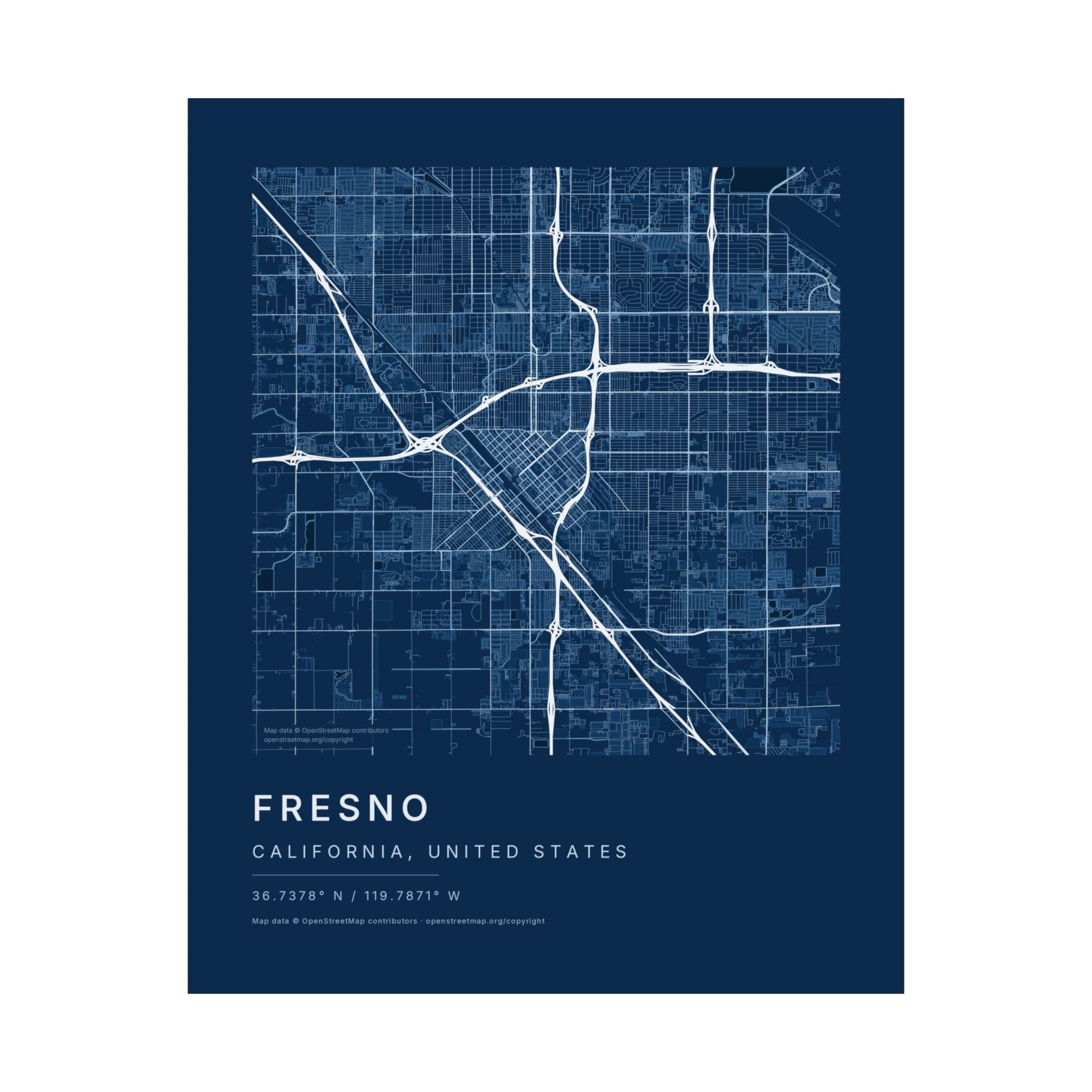 Fresno, California City Map Print — Blueprint Navy Street Map Wall Art