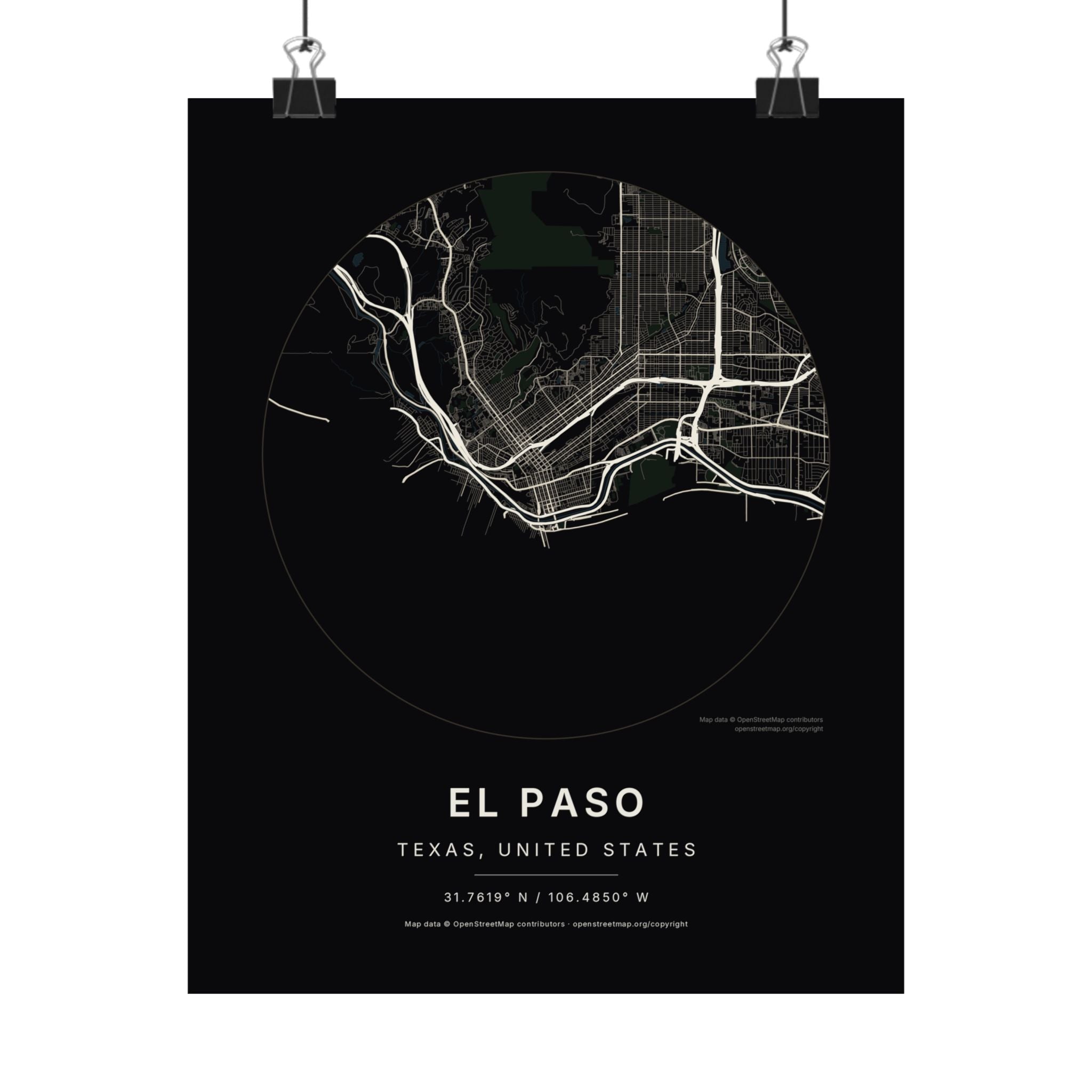 El Paso, Texas City Map Print — Noir Black Street Map Wall Art