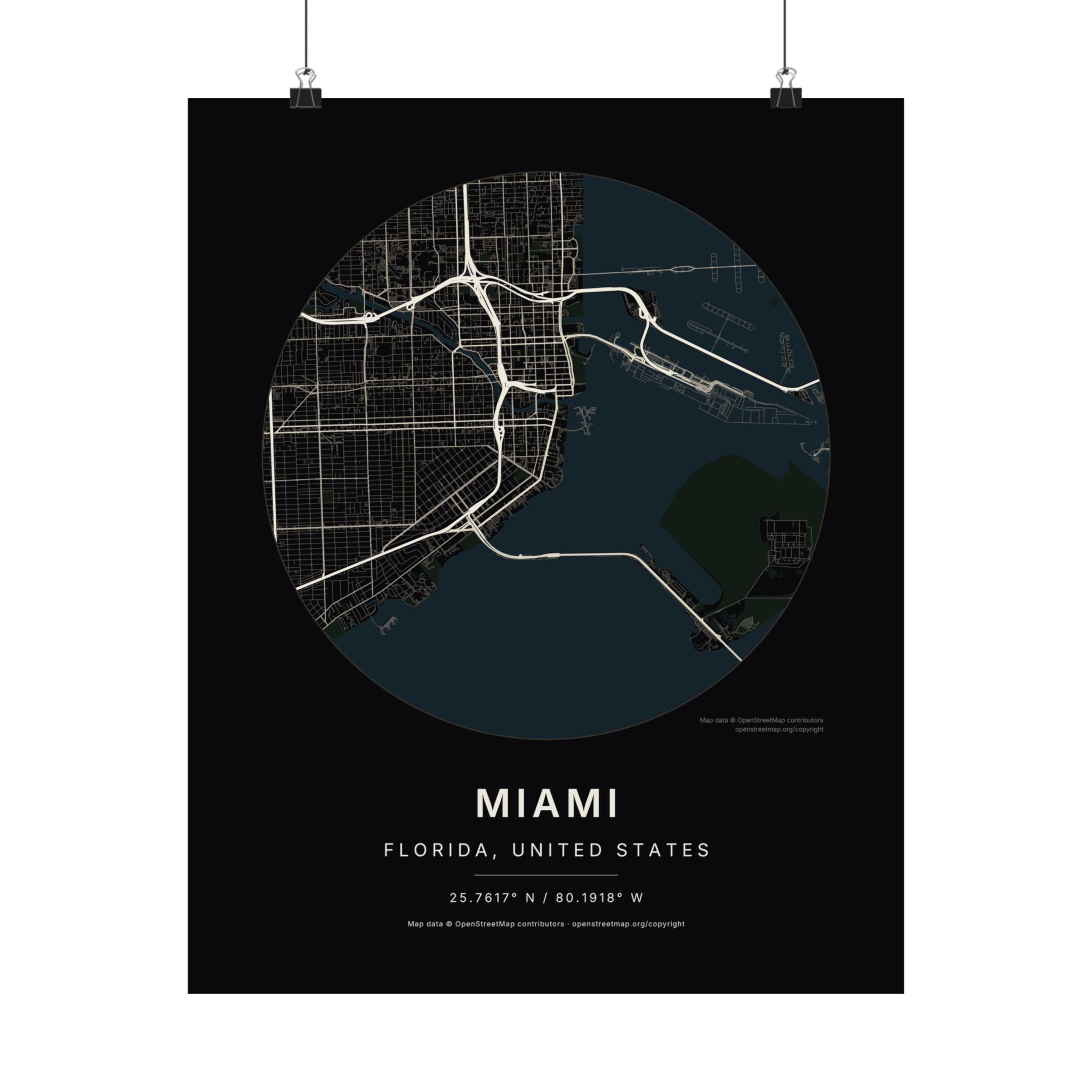 Miami, Florida City Map Print — Noir Black Street Map Wall Art