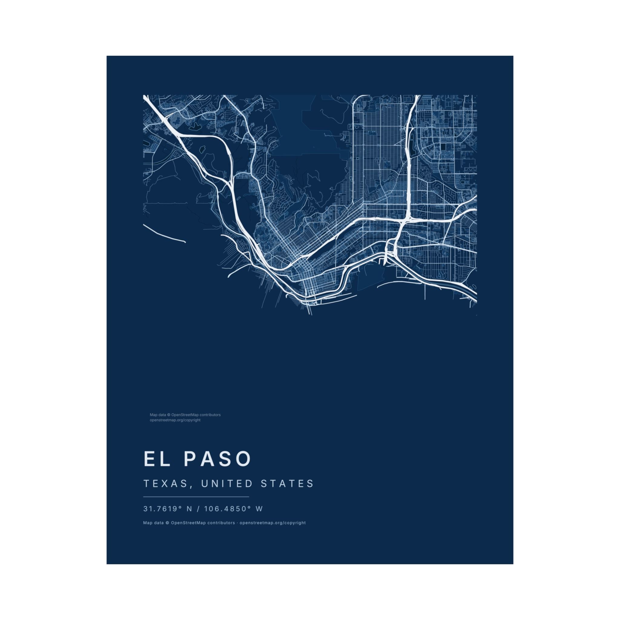 El Paso, Texas City Map Print — Blueprint Navy Street Map Wall Art