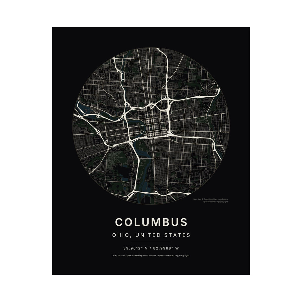 Columbus, Ohio City Map Print — Noir Black Street Map Wall Art