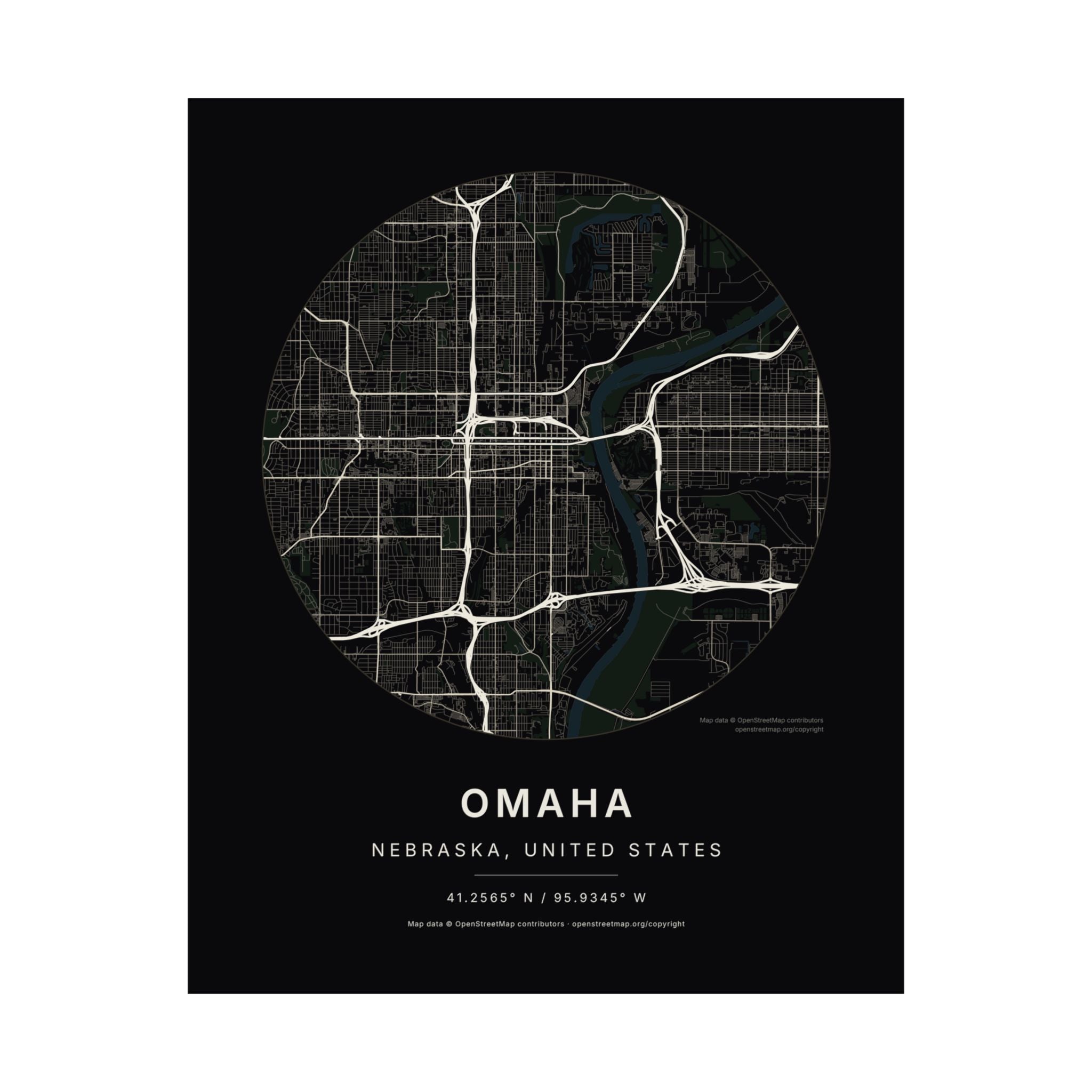 Omaha, Nebraska City Map Print — Noir Black Street Map Wall Art