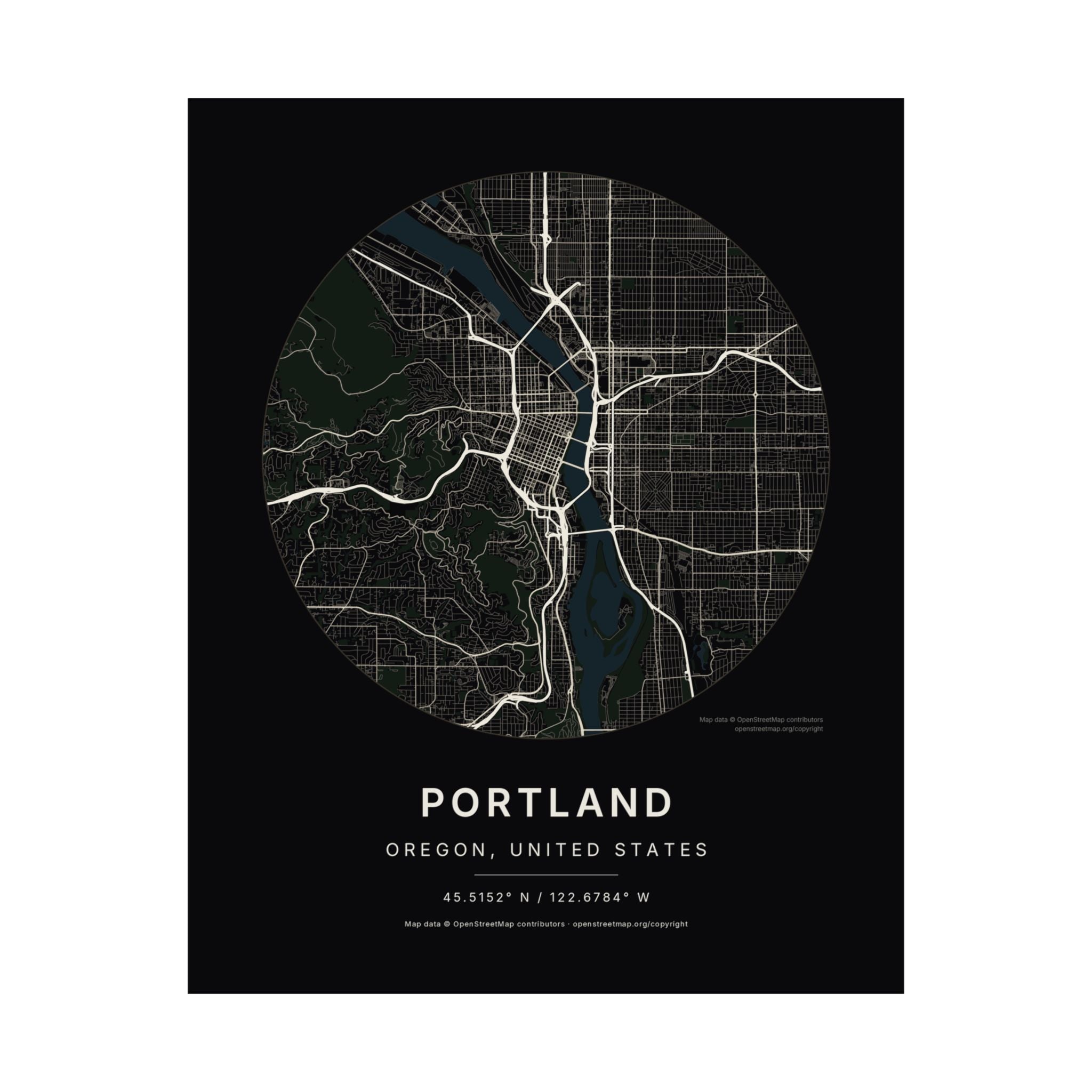 Portland, Oregon City Map Print — Noir Black Street Map Wall Art
