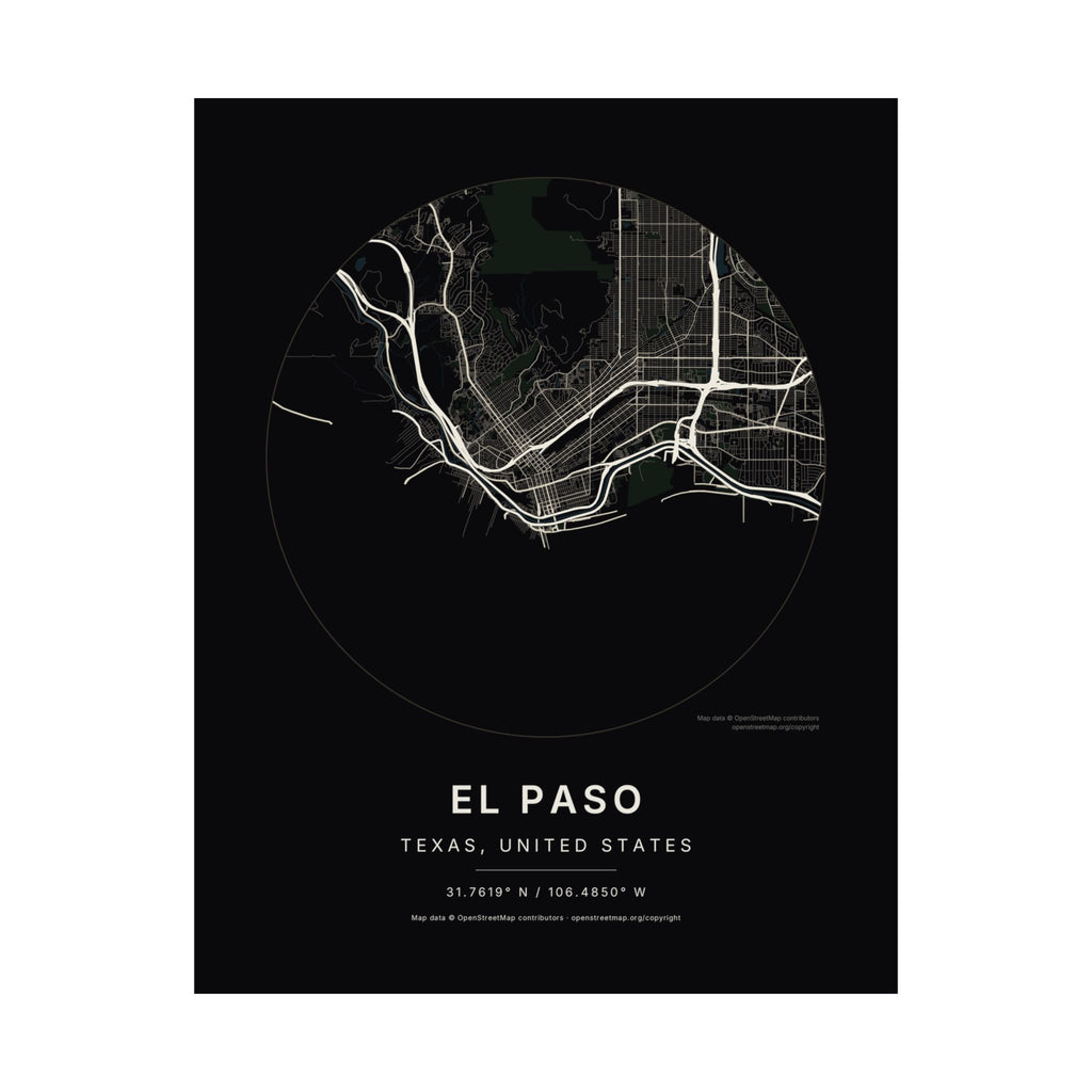El Paso, Texas City Map Print — Noir Black Street Map Wall Art