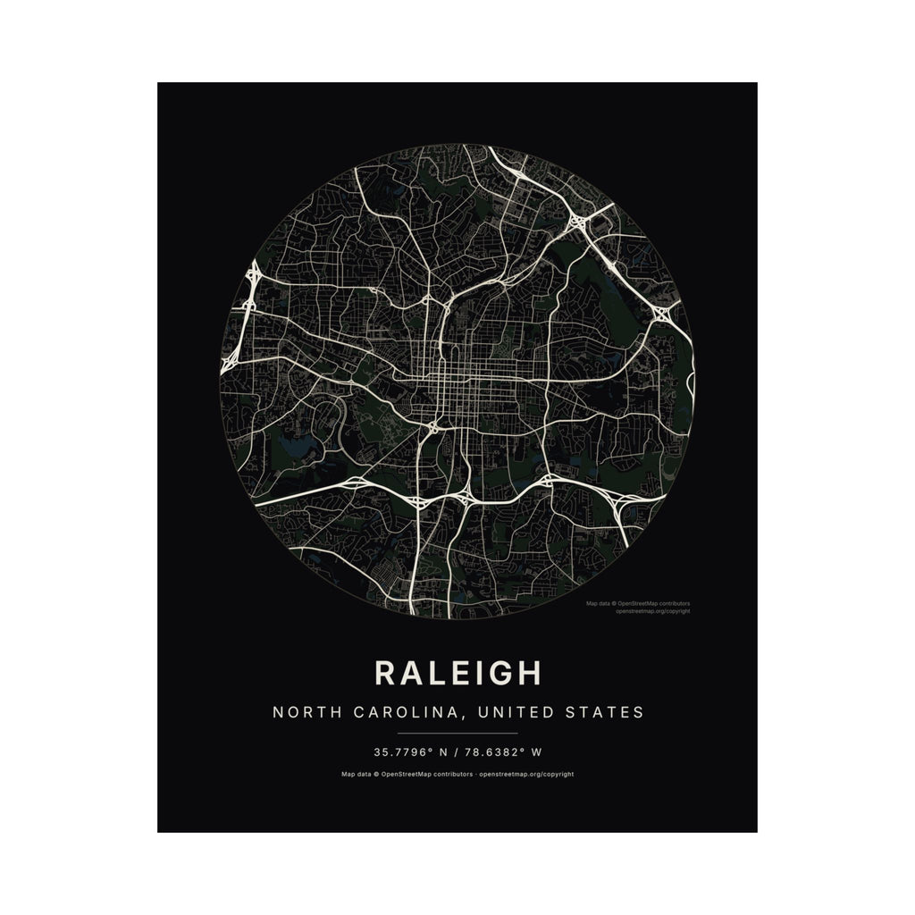 Raleigh, North Carolina City Map Print — Noir Black Street Map Wall Art