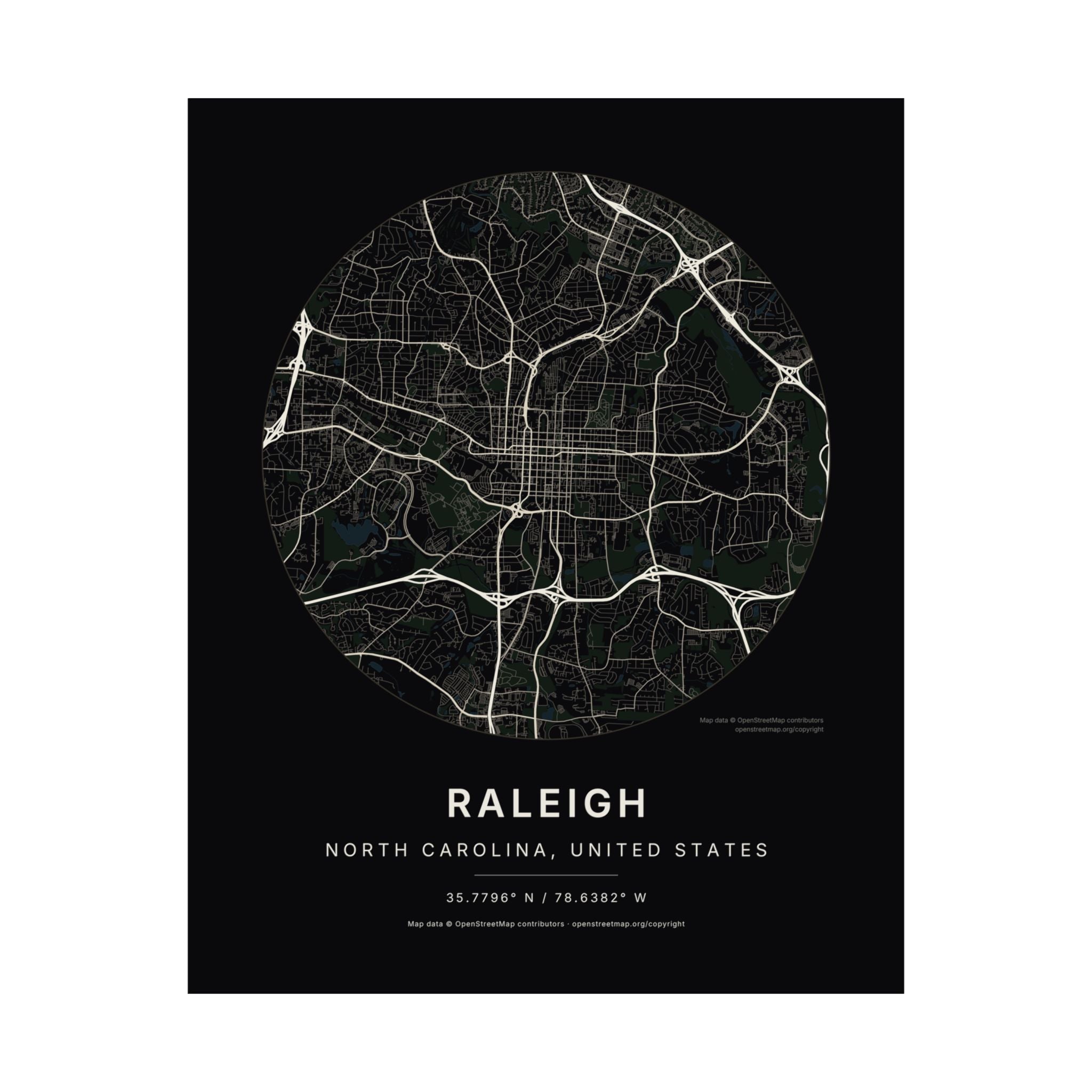 Raleigh, North Carolina City Map Print — Noir Black Street Map Wall Art