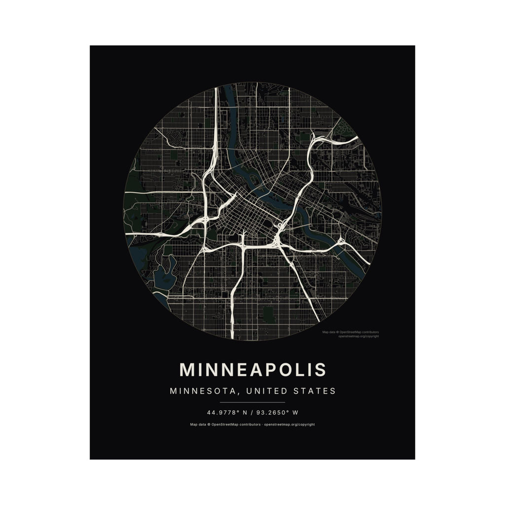 Minneapolis, Minnesota City Map Print — Noir Black Street Map Wall Art