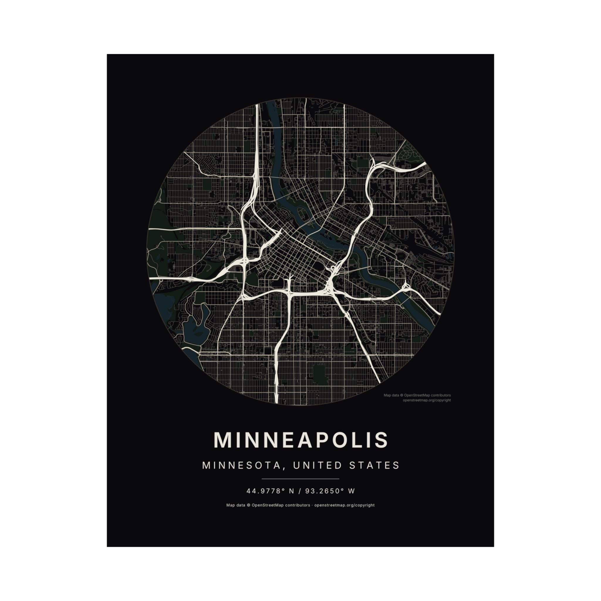 Minneapolis, Minnesota City Map Print — Noir Black Street Map Wall Art