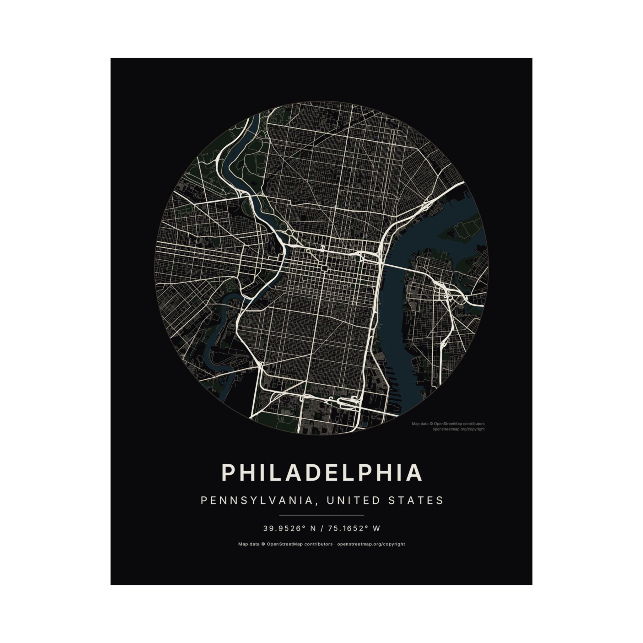 Philadelphia, Pennsylvania City Map Print — Noir Black Street Map Wall Art