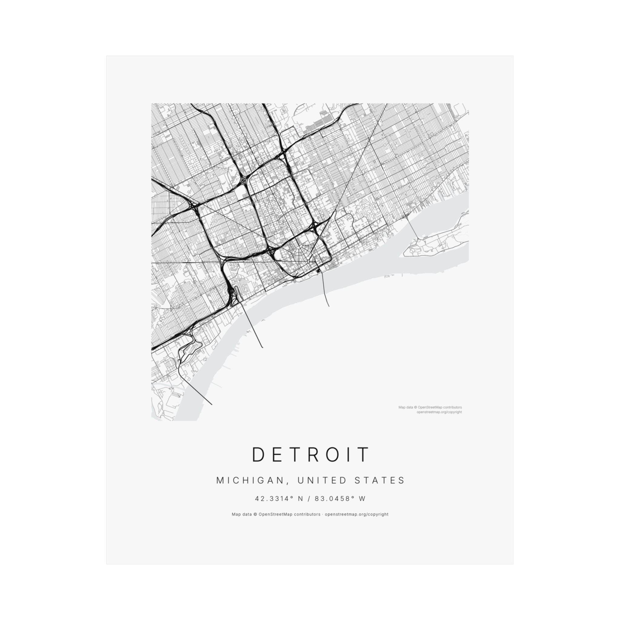 Detroit, Michigan City Map Print — Minimalist Street Map Wall Art
