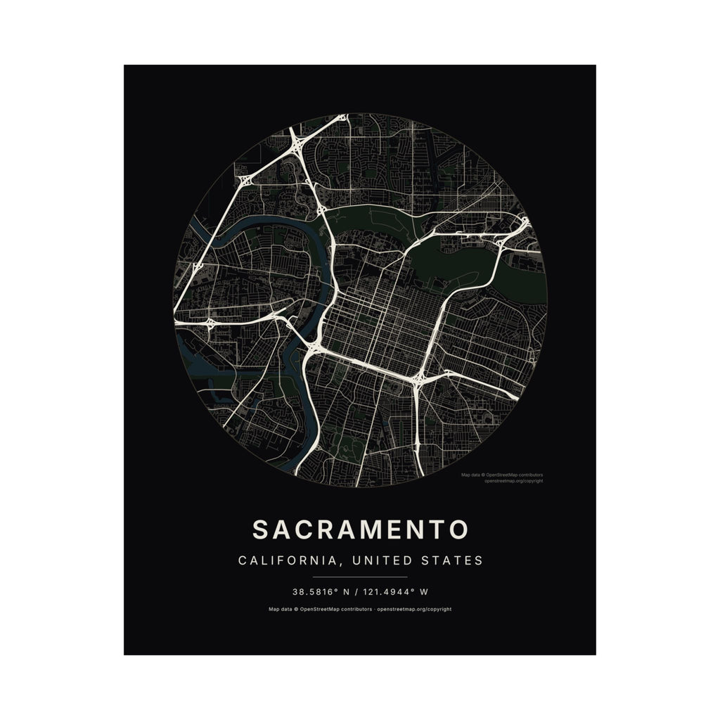 Sacramento, California City Map Print — Noir Black Street Map Wall Art
