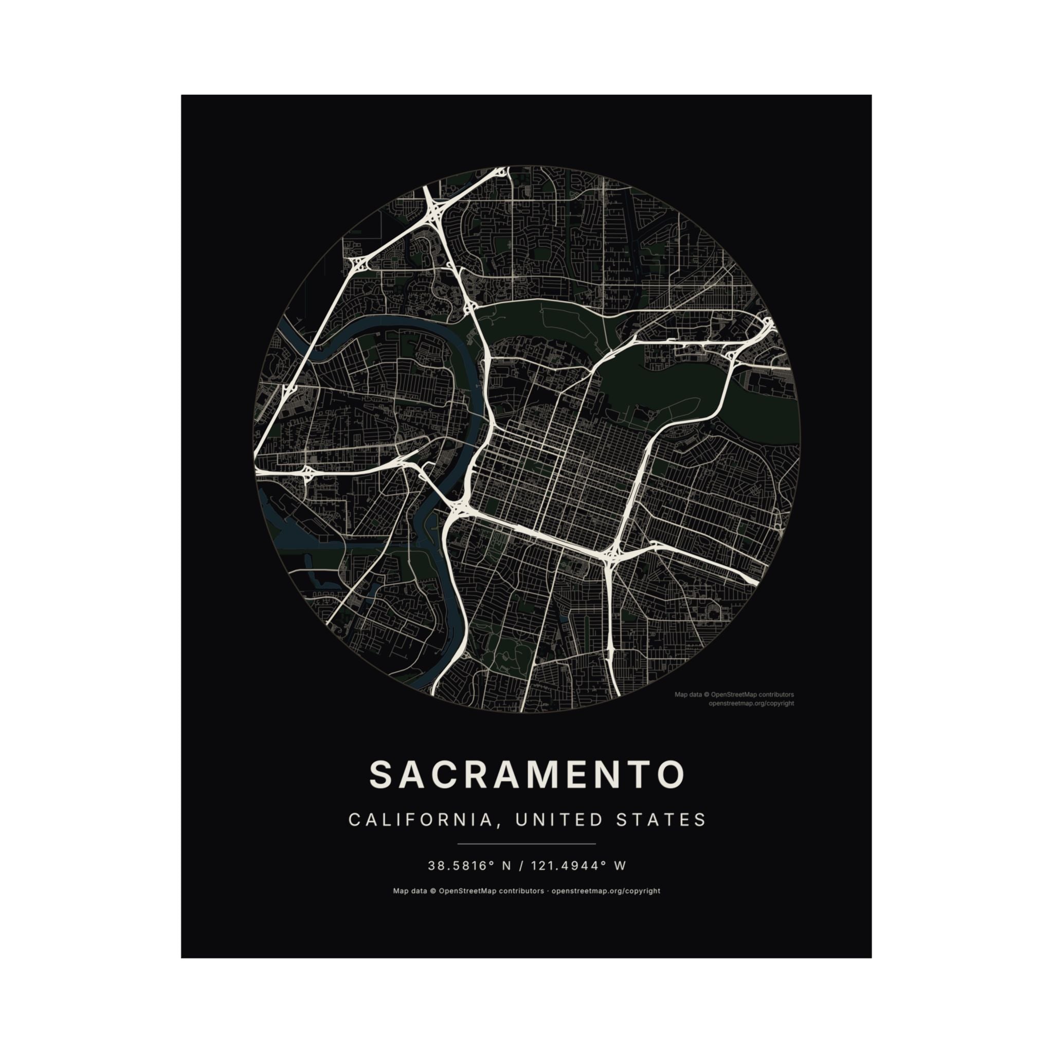 Sacramento, California City Map Print — Noir Black Street Map Wall Art