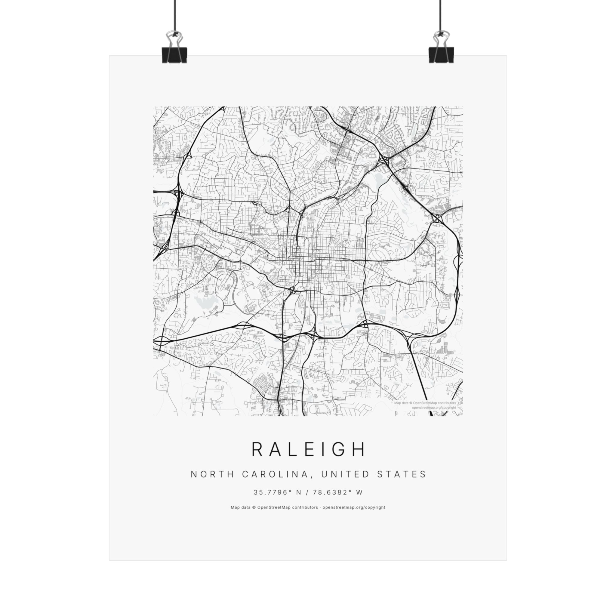 Raleigh, North Carolina City Map Print — Minimalist Street Map Wall Art