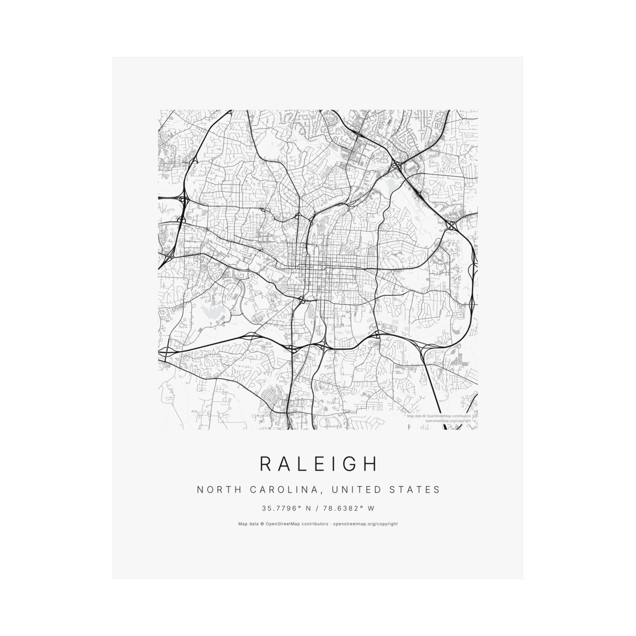 Raleigh, North Carolina City Map Print — Minimalist Street Map Wall Art