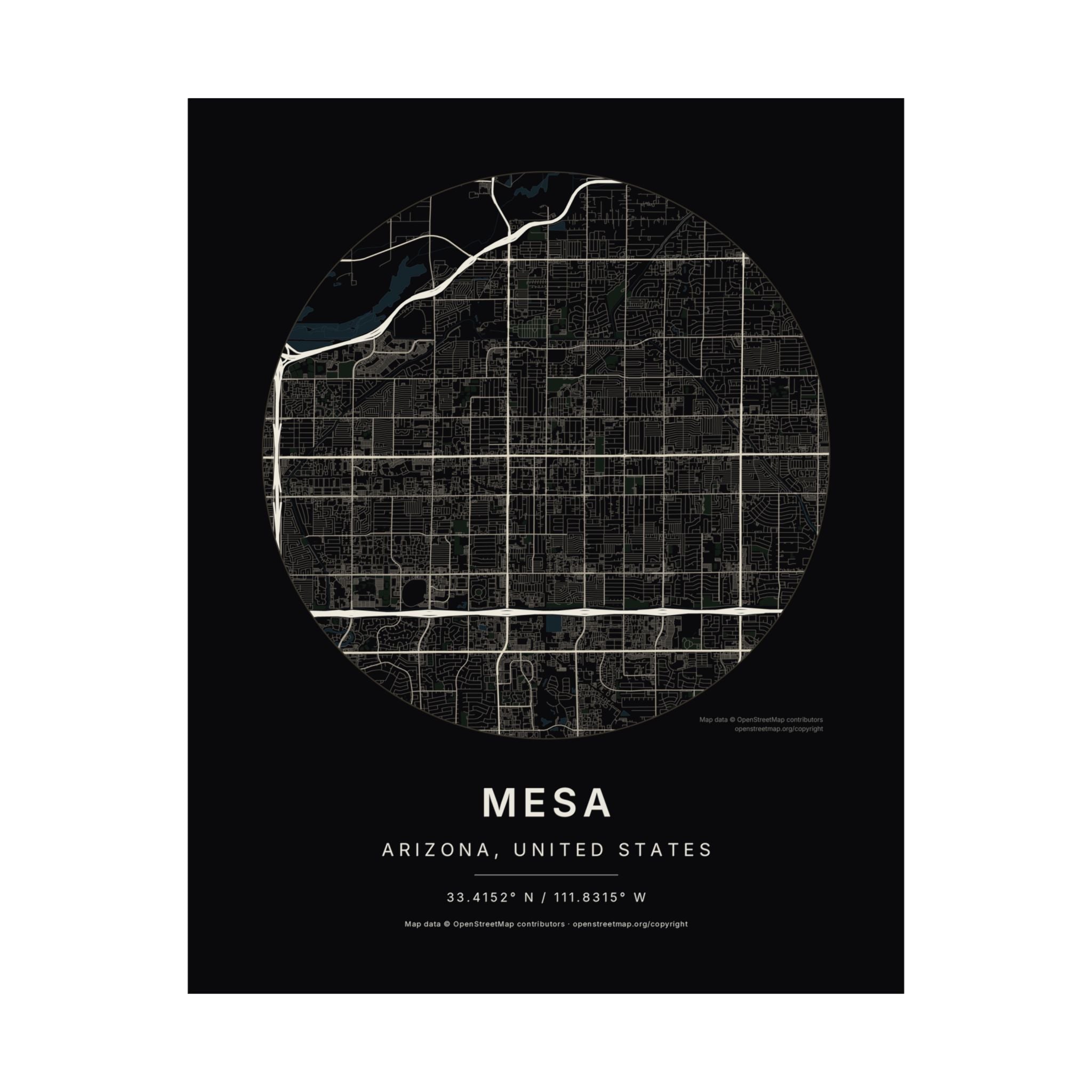 Mesa, Arizona City Map Print — Noir Black Street Map Wall Art