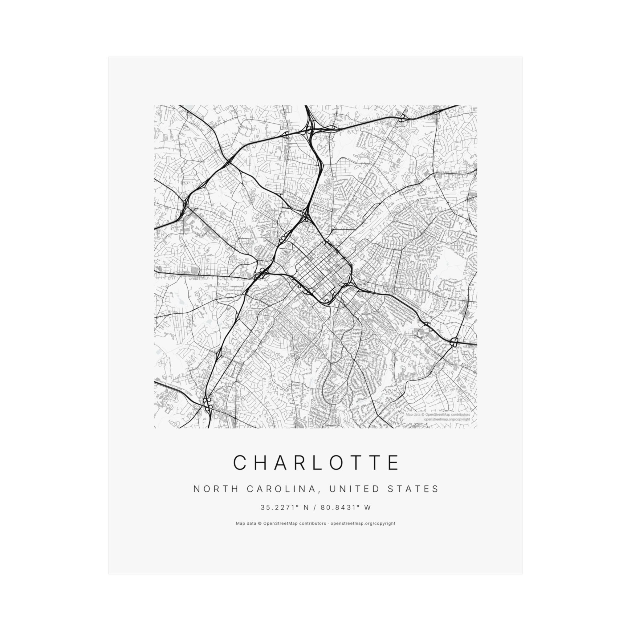 Charlotte, North Carolina City Map Print — Minimalist Street Map Wall Art