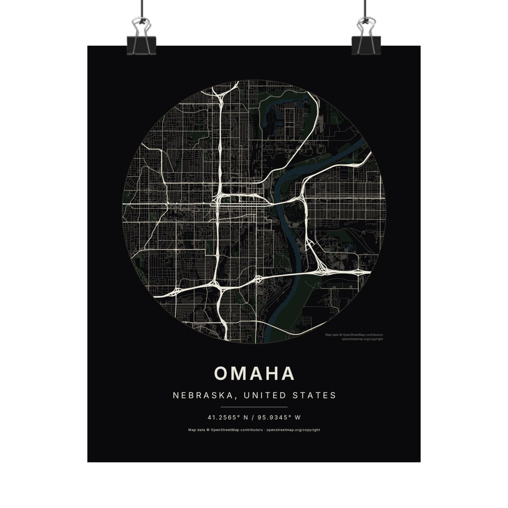 Omaha, Nebraska City Map Print — Noir Black Street Map Wall Art