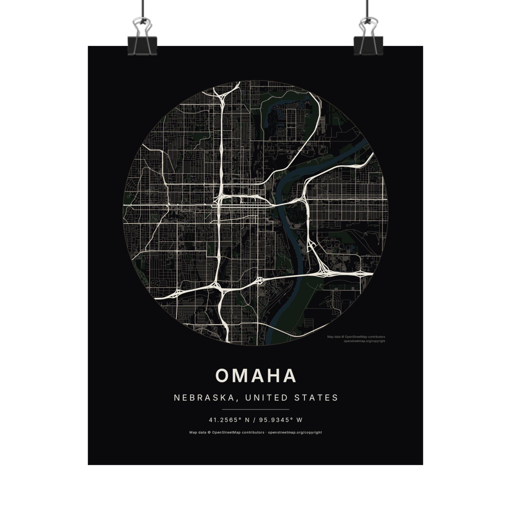 Omaha, Nebraska City Map Print — Noir Black Street Map Wall Art