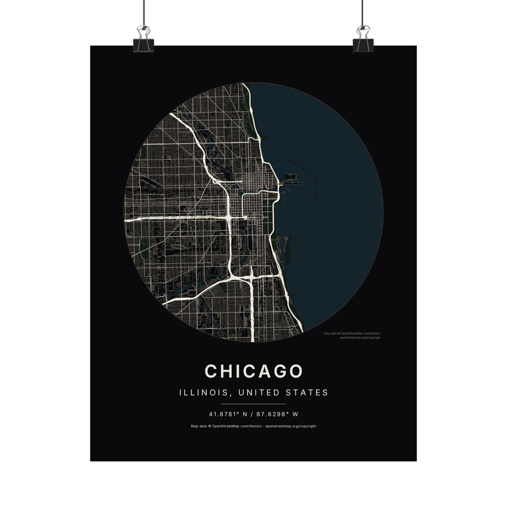 Chicago, Illinois City Map Print — Noir Black Street Map Wall Art