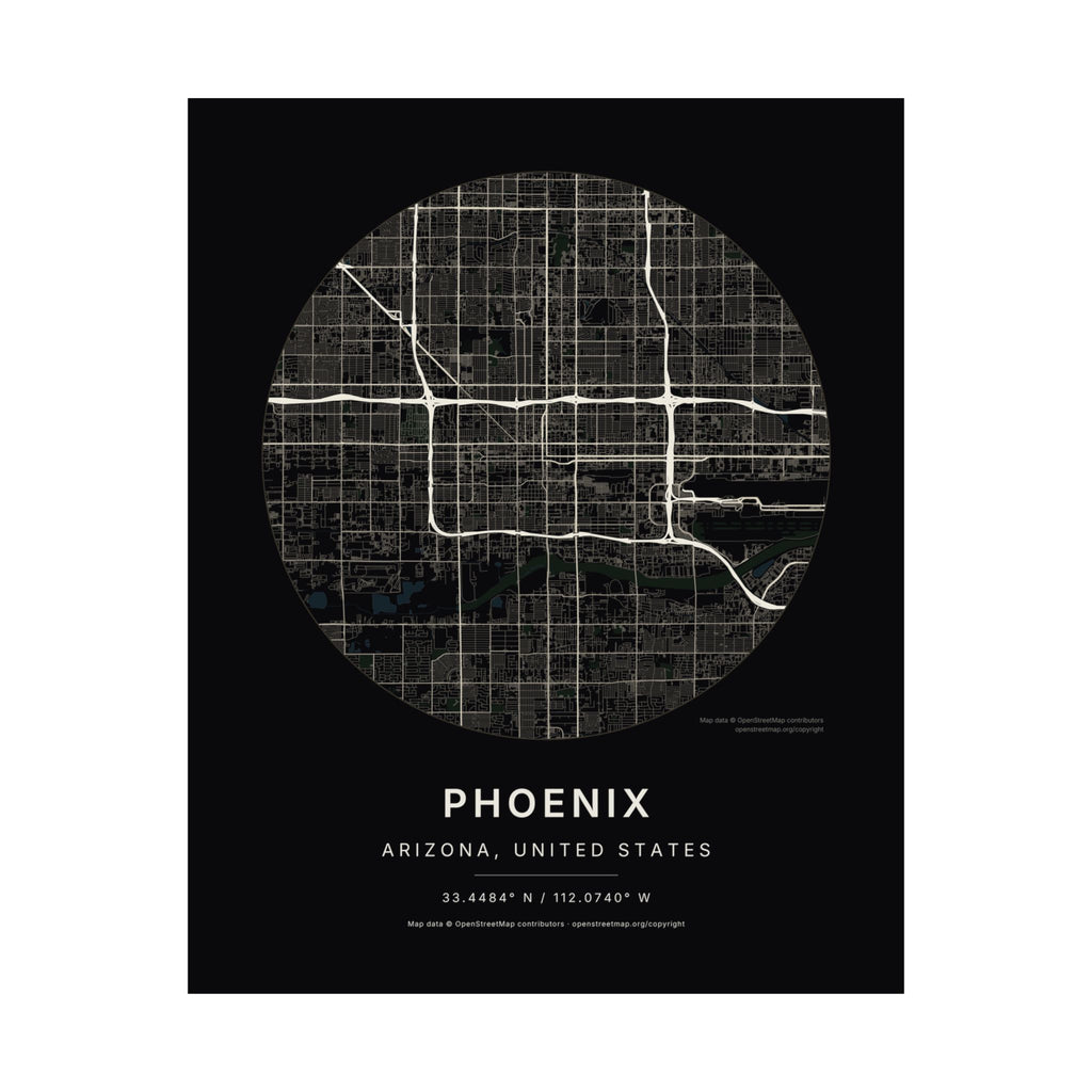 Phoenix, Arizona City Map Print — Noir Black Street Map Wall Art
