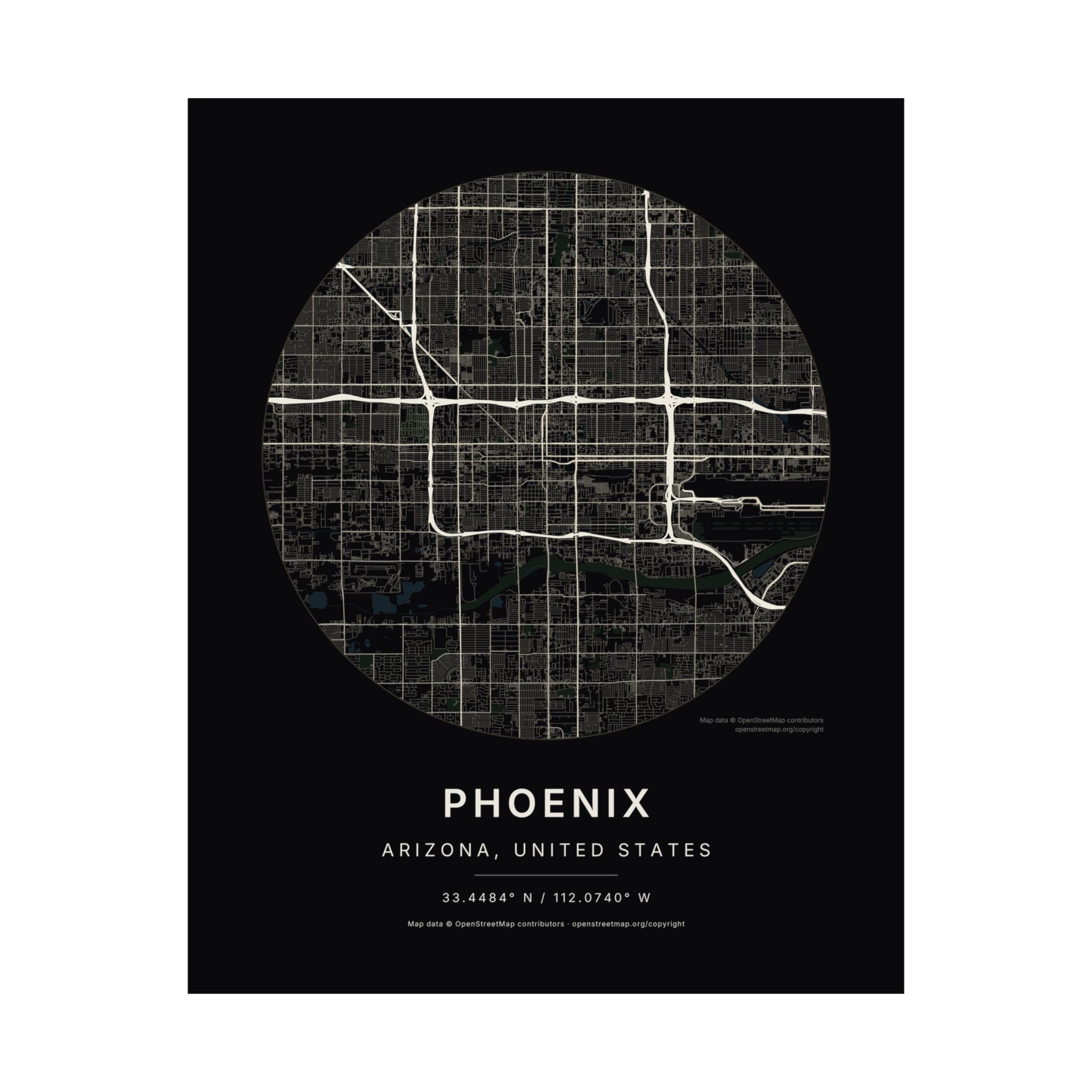 Phoenix, Arizona City Map Print — Noir Black Street Map Wall Art