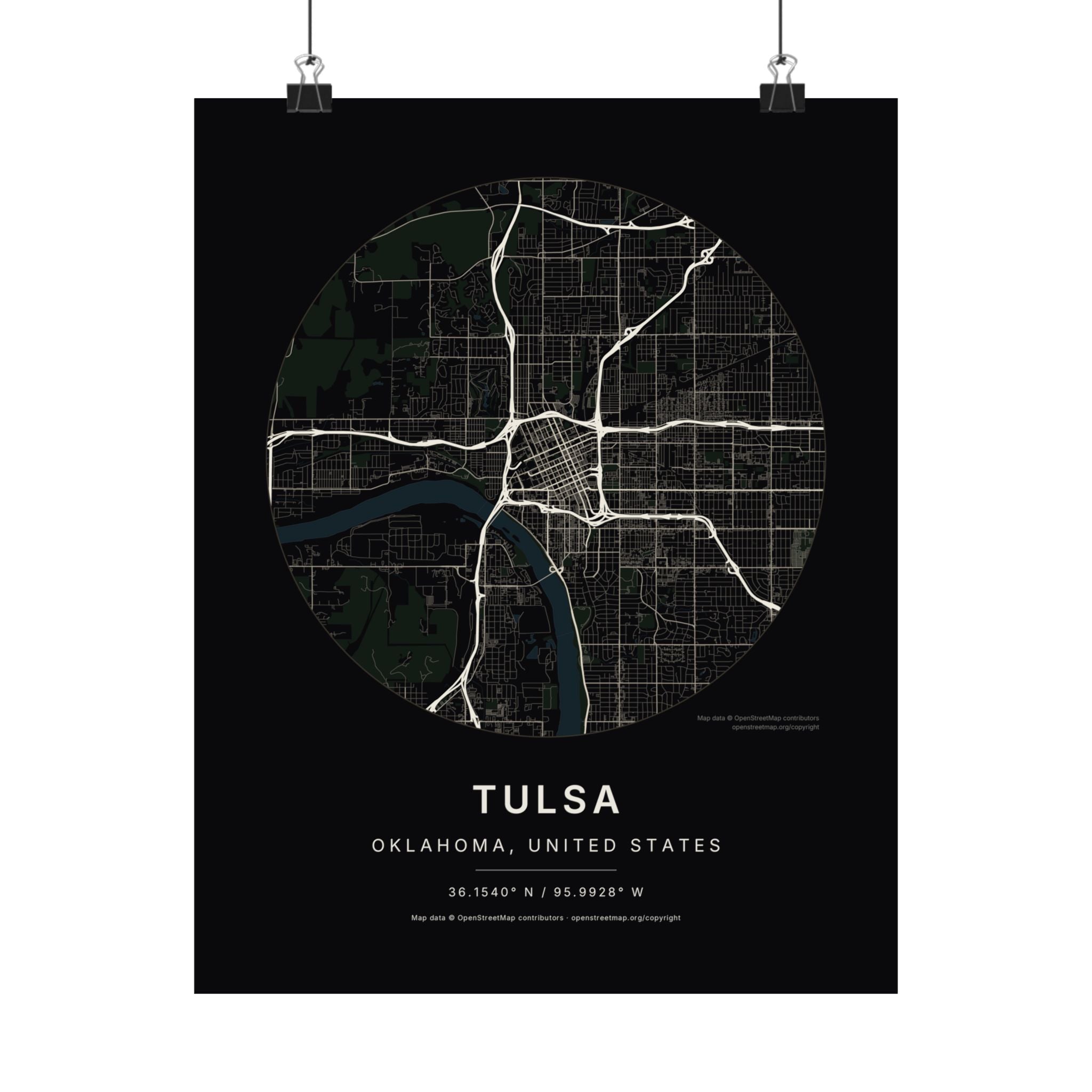 Tulsa, Oklahoma City Map Print — Noir Black Street Map Wall Art