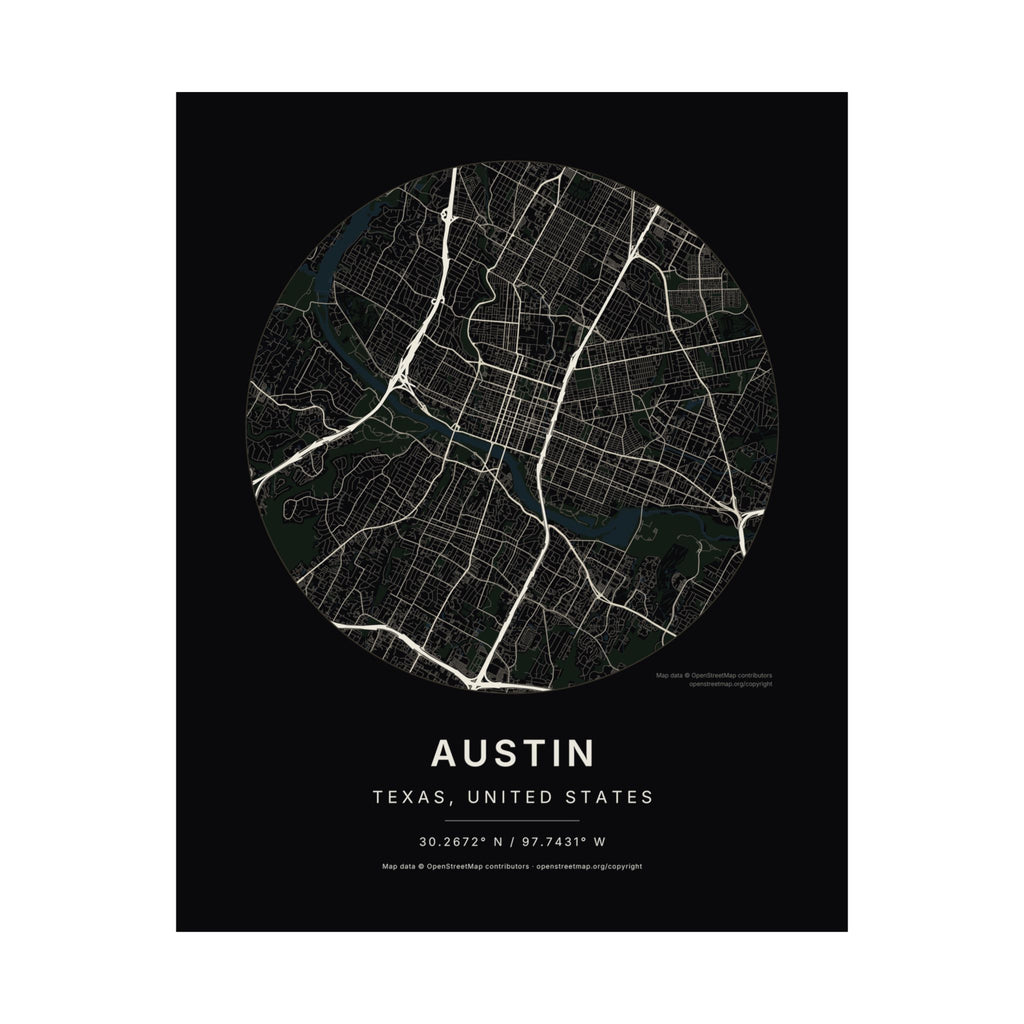 Austin, Texas City Map Print — Noir Black Street Map Wall Art