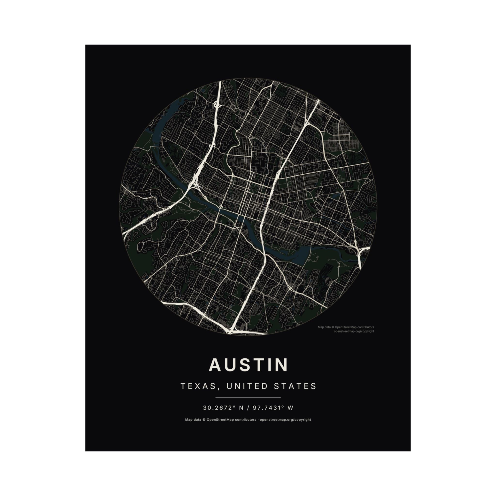 Austin, Texas City Map Print — Noir Black Street Map Wall Art