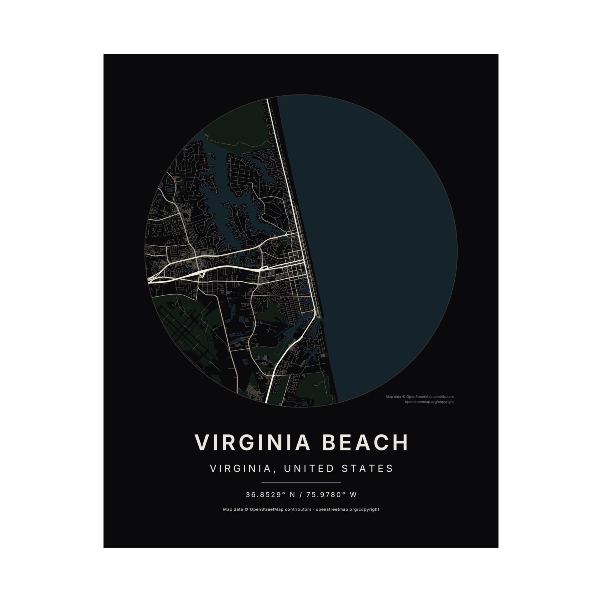 Virginia Beach, Virginia City Map Print — Noir Black Street Map Wall Art