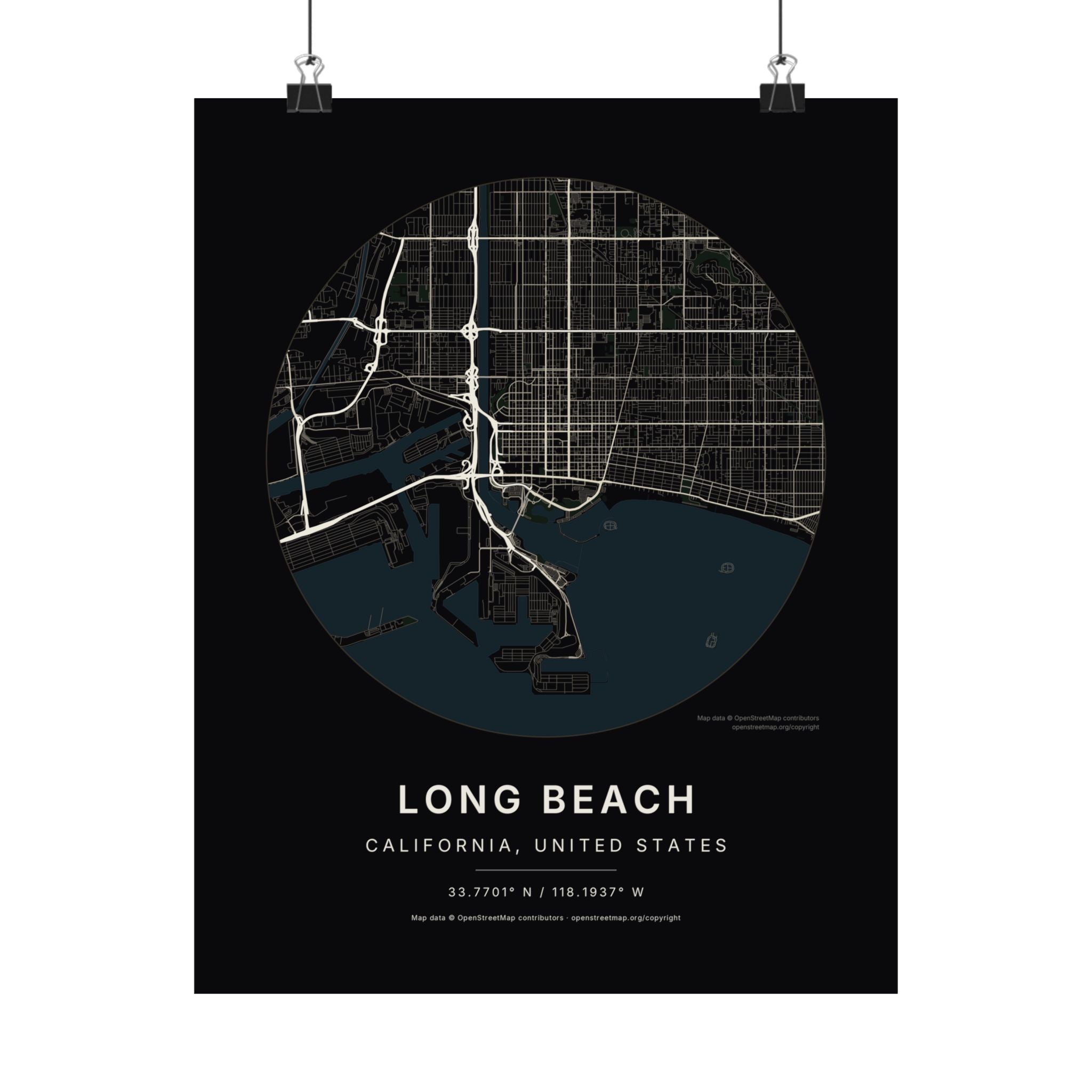 Long Beach, California City Map Print — Noir Black Street Map Wall Art