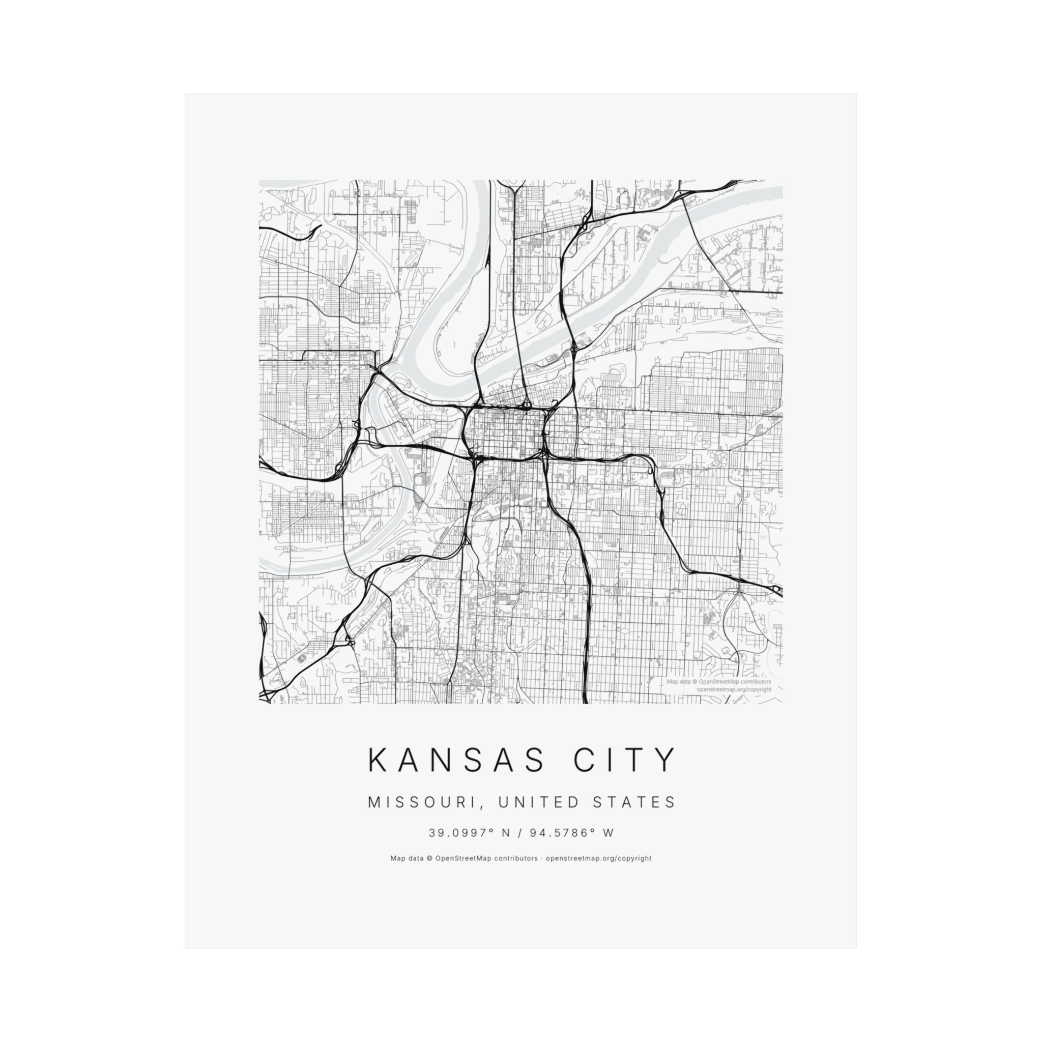 Kansas City, Missouri City Map Print — Minimalist Street Map Wall Art