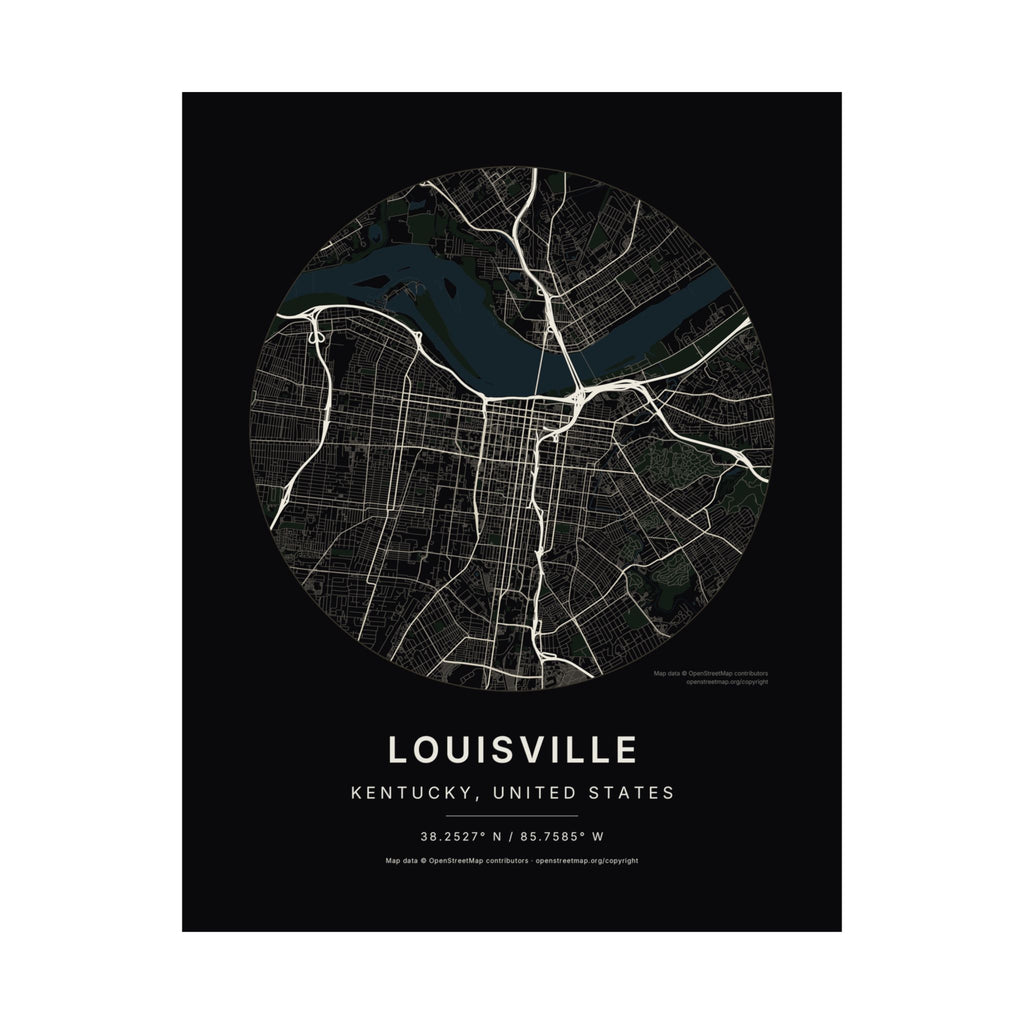 Louisville, Kentucky City Map Print — Noir Black Street Map Wall Art