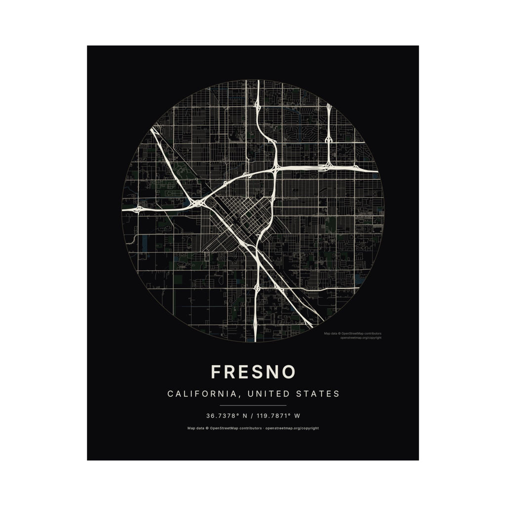 Fresno, California City Map Print — Noir Black Street Map Wall Art