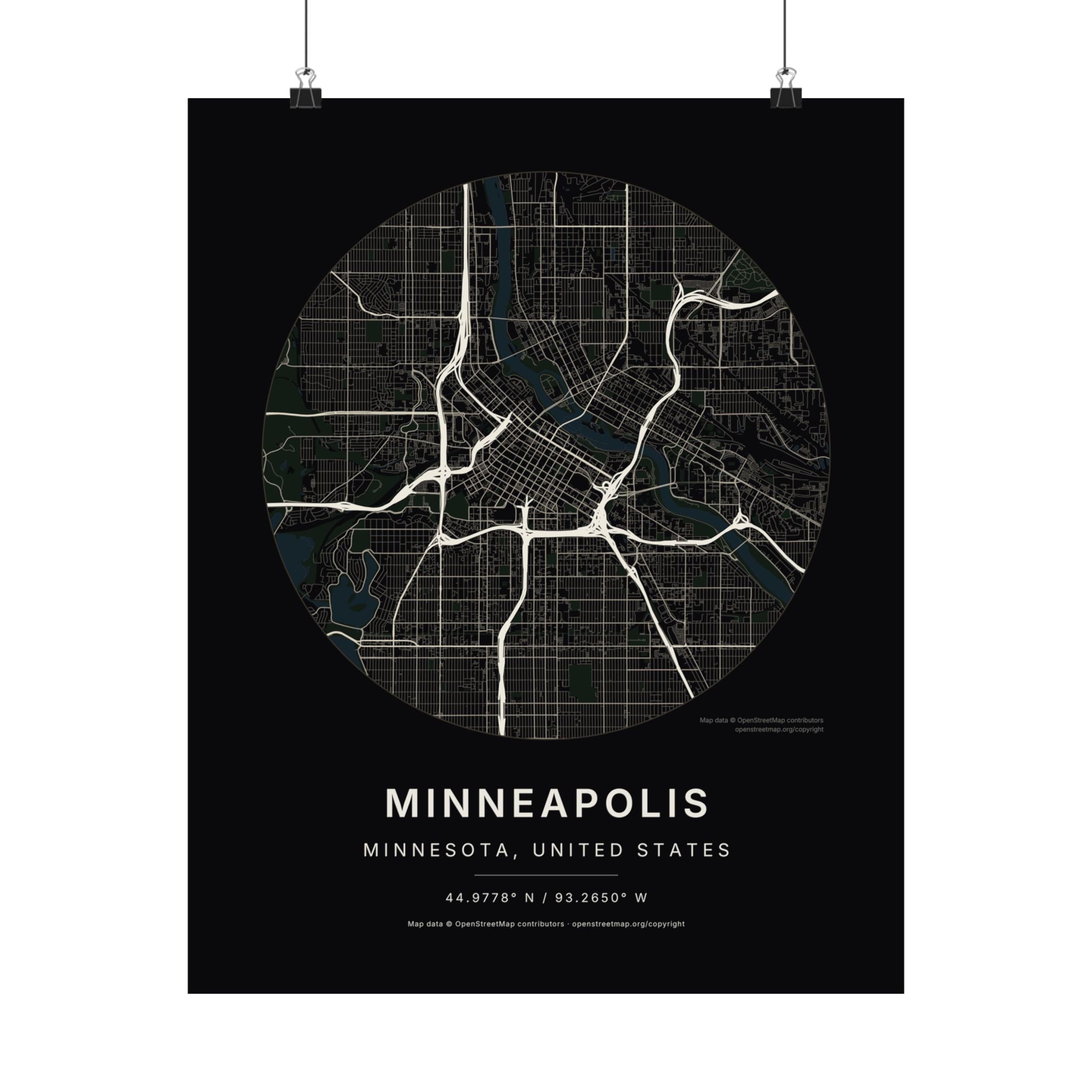 Minneapolis, Minnesota City Map Print — Noir Black Street Map Wall Art