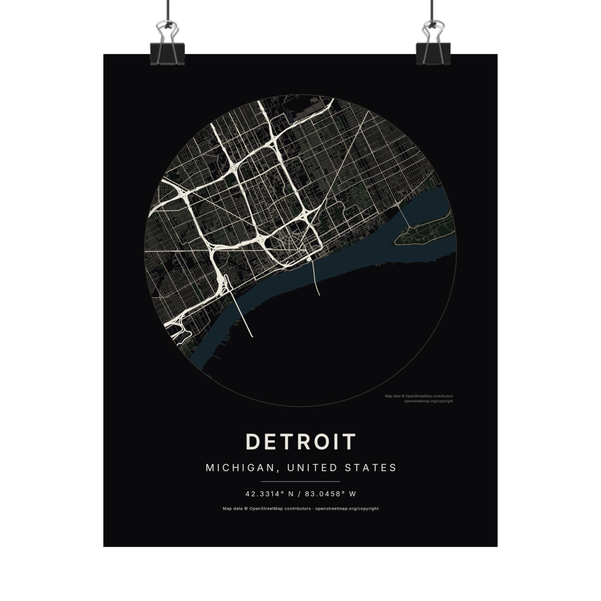 Detroit, Michigan City Map Print — Noir Black Street Map Wall Art