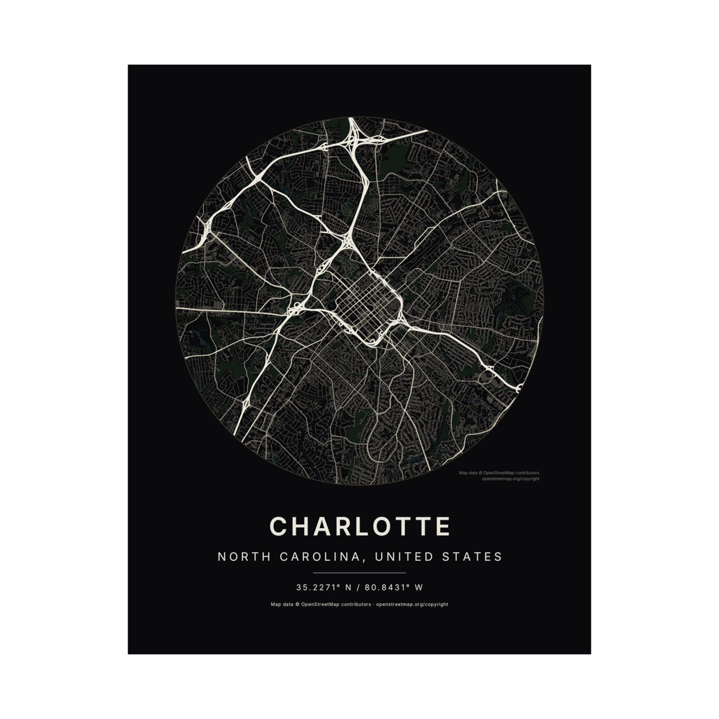 Charlotte, North Carolina City Map Print — Noir Black Street Map Wall Art