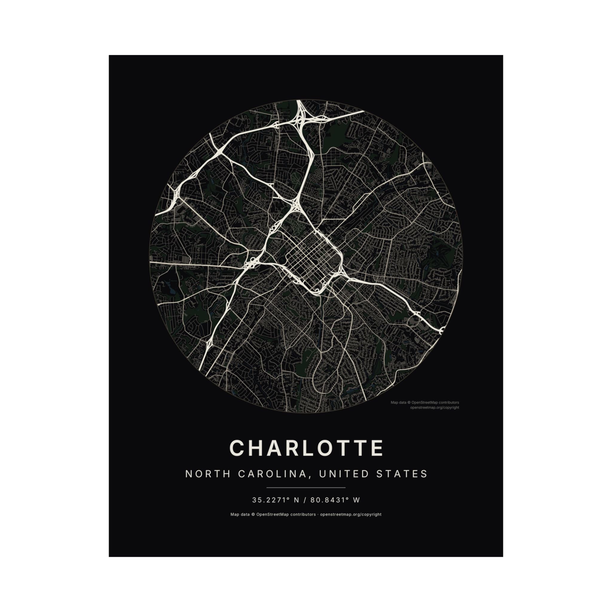 Charlotte, North Carolina City Map Print — Noir Black Street Map Wall Art