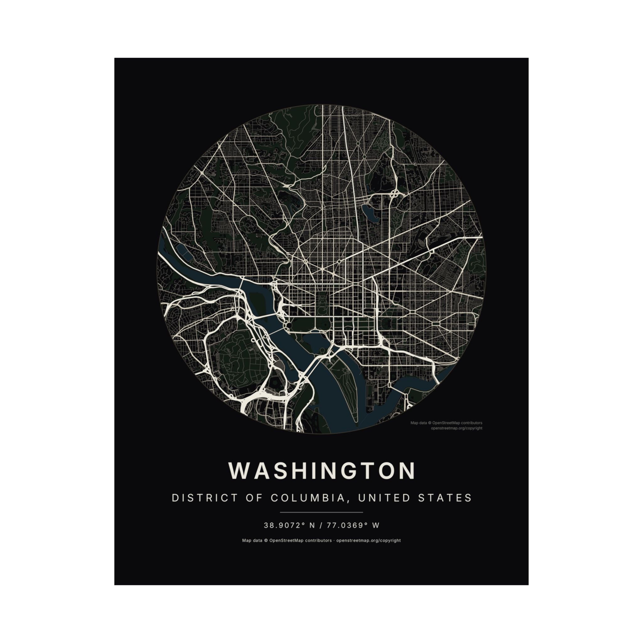 Washington, District of Columbia City Map Print — Noir Black Street Map Wall Art