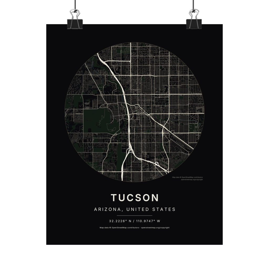 Tucson, Arizona City Map Print — Noir Black Street Map Wall Art